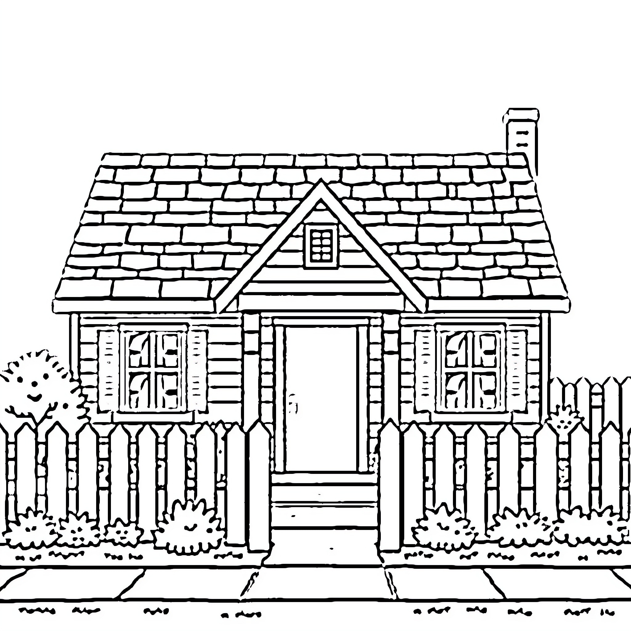 House with wooden fence and vegetation Coloring Page (free black-and-white line drawing printable PDF for all, from beginners to advanced learners, including children, teens, adults, and seniors)