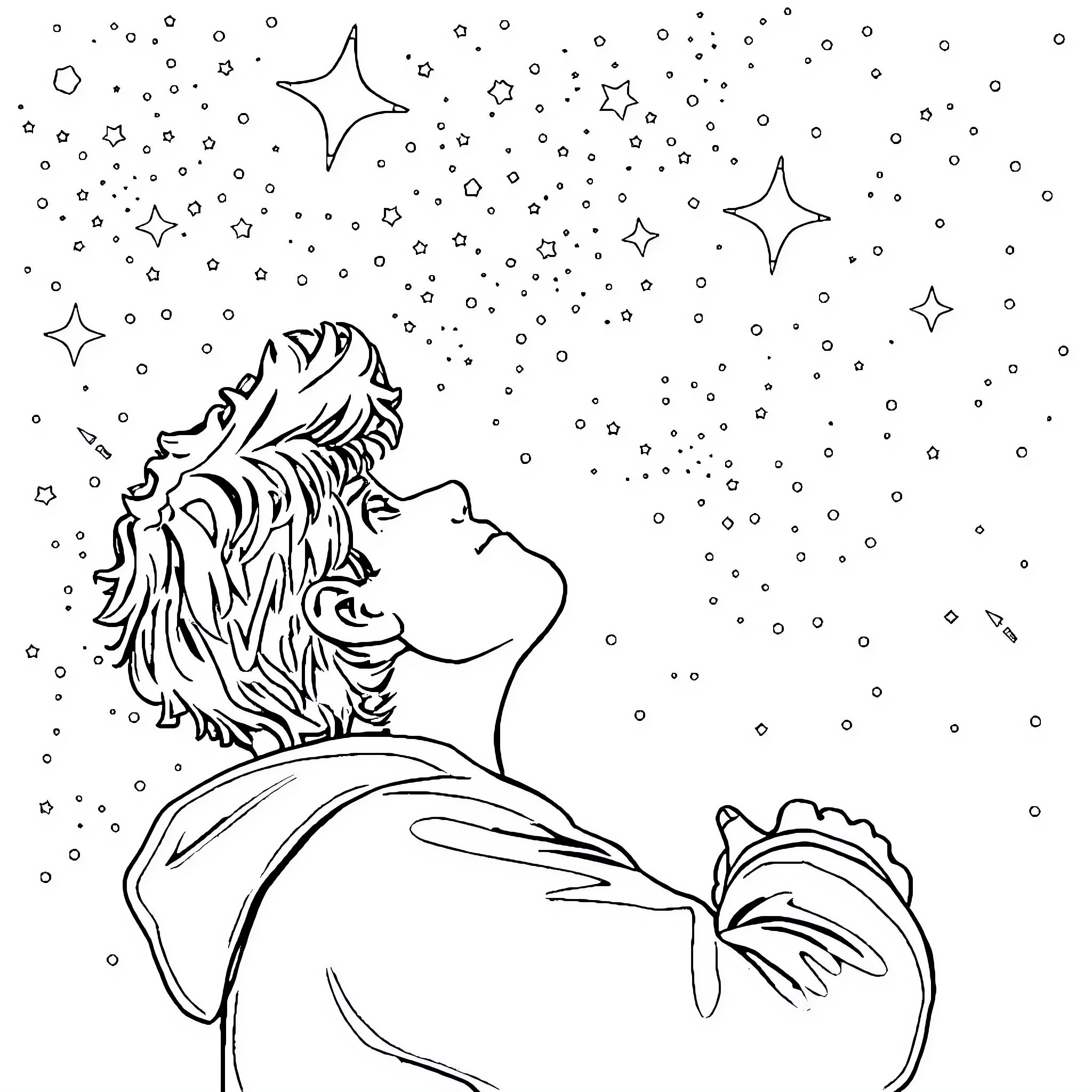 Elio's Starry Dream Coloring Page (free black-and-white line drawing printable PDF for all, from beginners to advanced learners, including children, teens, adults, and seniors)
