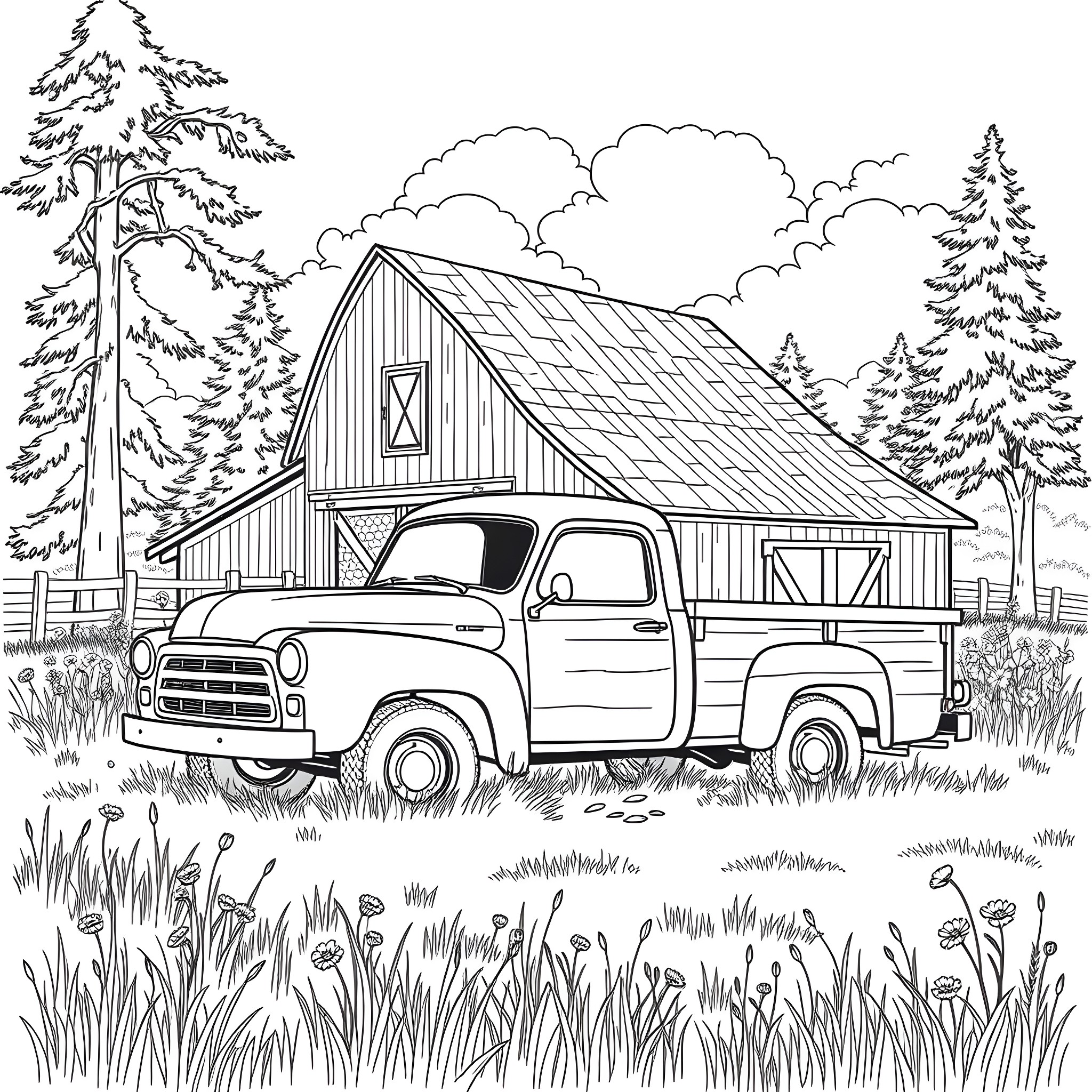 Pickup Truck in Scenic Countryside Coloring Page (free black-and-white line drawing printable PDF for all, from beginners to advanced learners, including children, teens, adults, and seniors)