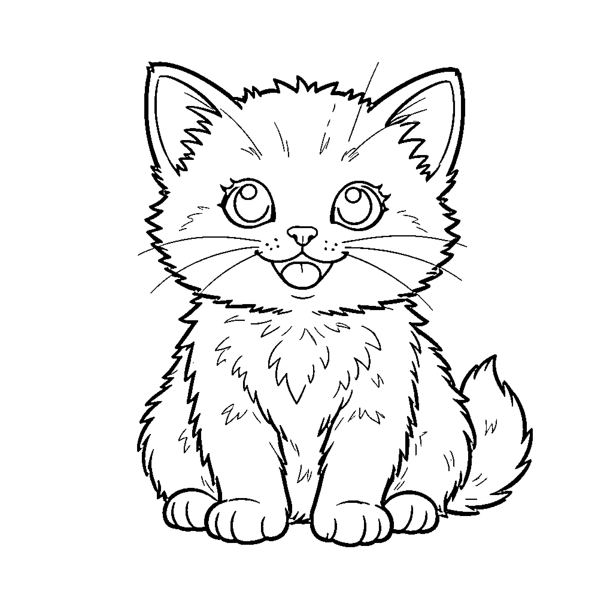 Kitten with big eyes and fluffy fur Coloring Page (free black-and-white line drawing printable PDF for all, from beginners to advanced learners, including children, teens, adults, and seniors)