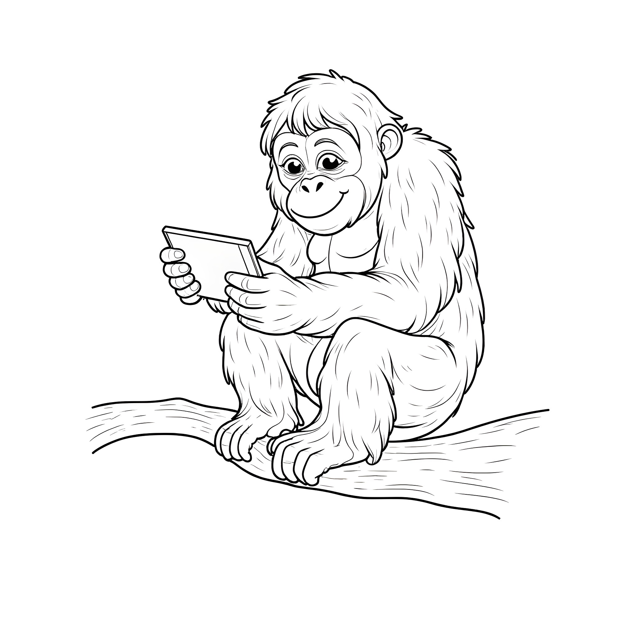 Orangutan using a smartphone on a branch Coloring Page (free black-and-white line drawing printable PDF for all, from beginners to advanced learners, including children, teens, adults, and seniors)