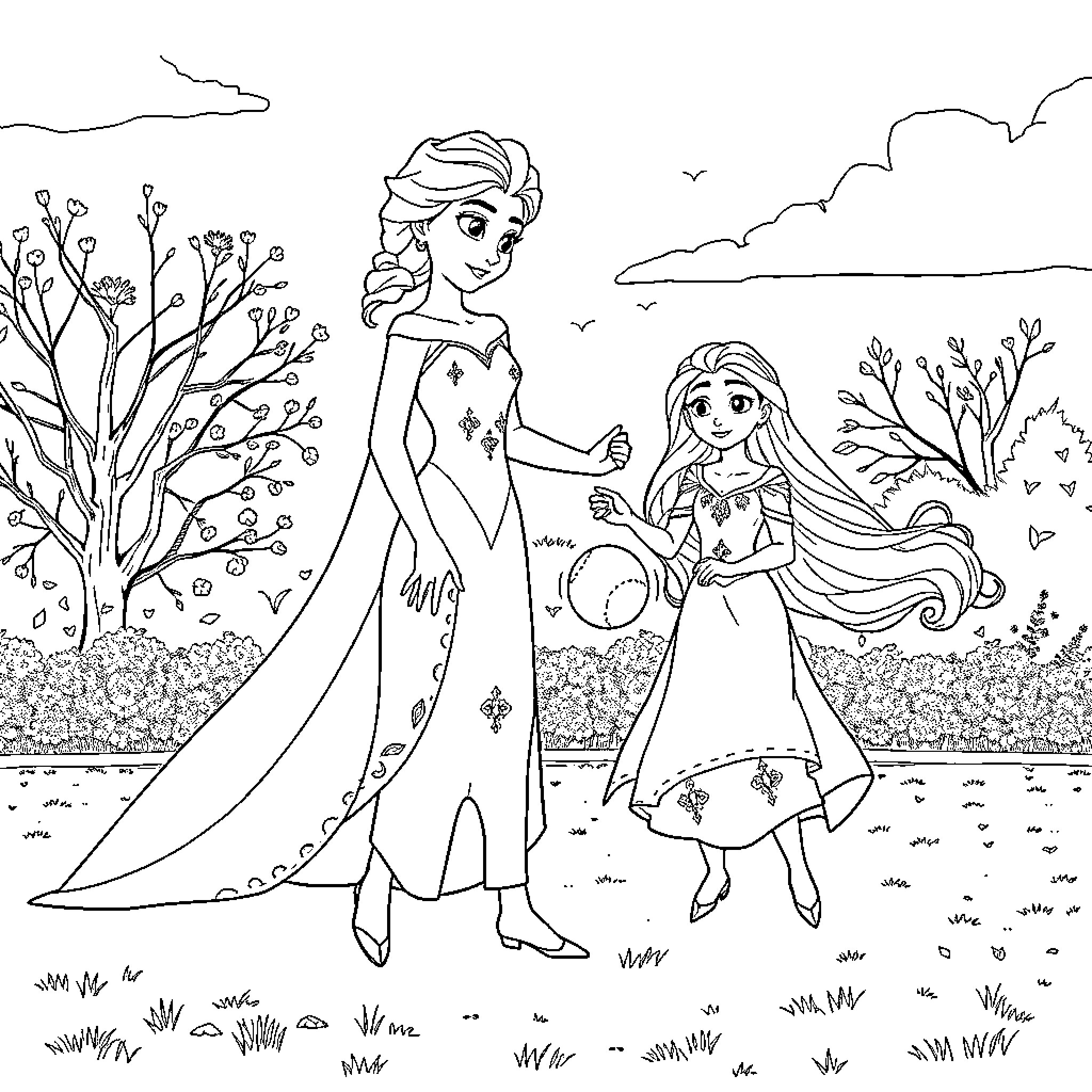 Elsa and Anna exploring the enchanted forest Coloring Page (free black-and-white line drawing printable PDF for all, from beginners to advanced learners, including children, teens, adults, and seniors)