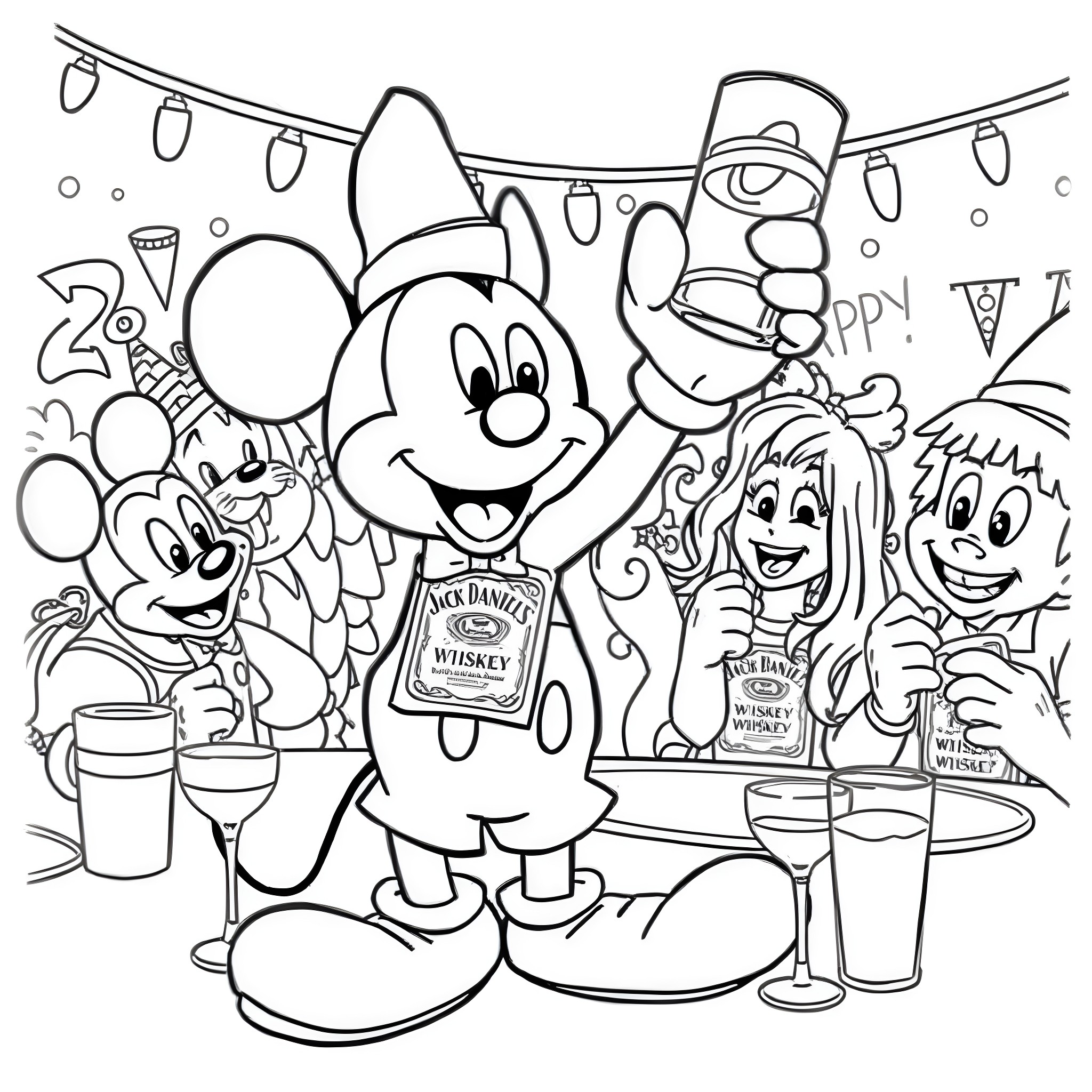 Mickey Mouse enjoying a party with friends Coloring Page (free black-and-white line drawing printable PDF for all, from beginners to advanced learners, including children, teens, adults, and seniors)