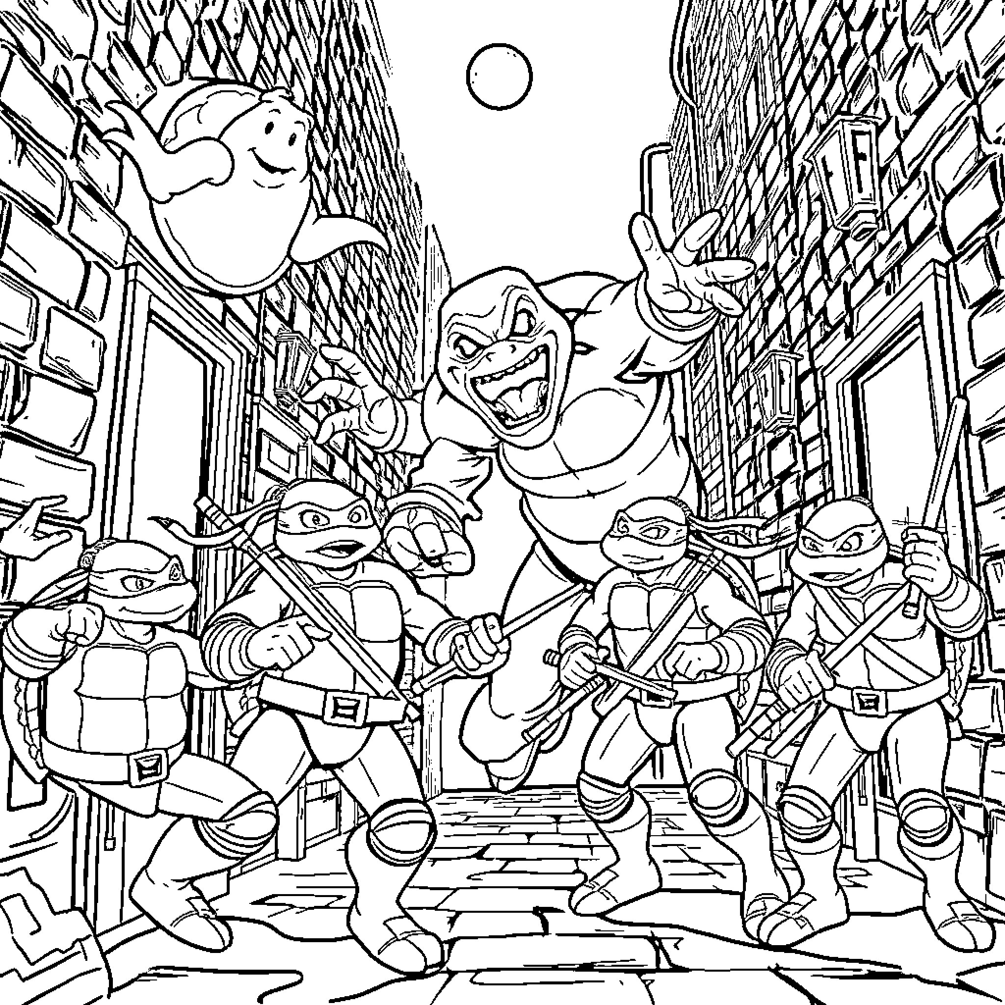 Ninja Turtle heroes taking action in the city Coloring Page (free black-and-white line drawing printable PDF for all, from beginners to advanced learners, including children, teens, adults, and seniors)