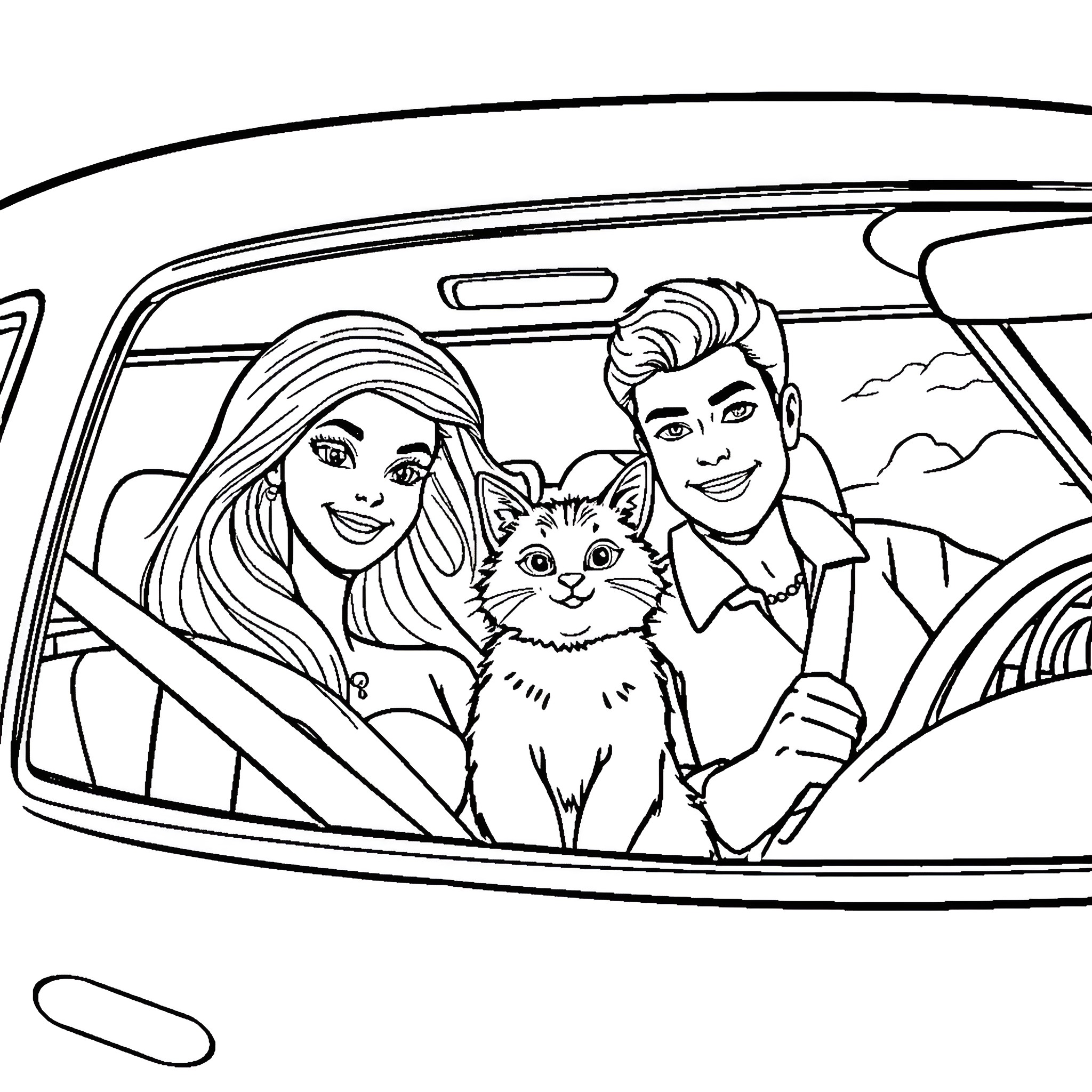 Barbie and Ken take their pet cat on a road trip Coloring Page (free black-and-white line drawing printable PDF for all, from beginners to advanced learners, including children, teens, adults, and seniors)