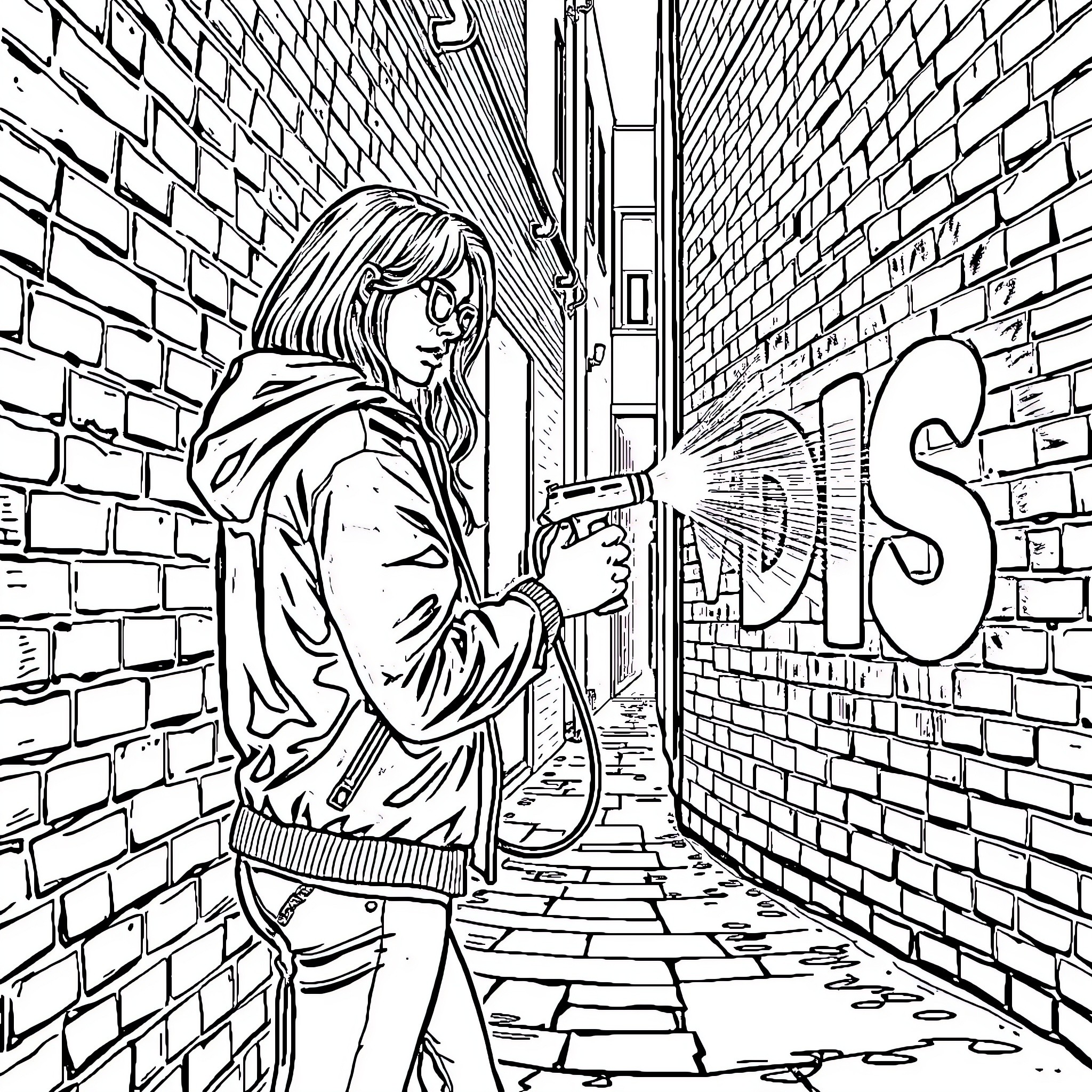 Lady exploring a mysterious alleyway Coloring Page (free black-and-white line drawing printable PDF for all, from beginners to advanced learners, including children, teens, adults, and seniors)