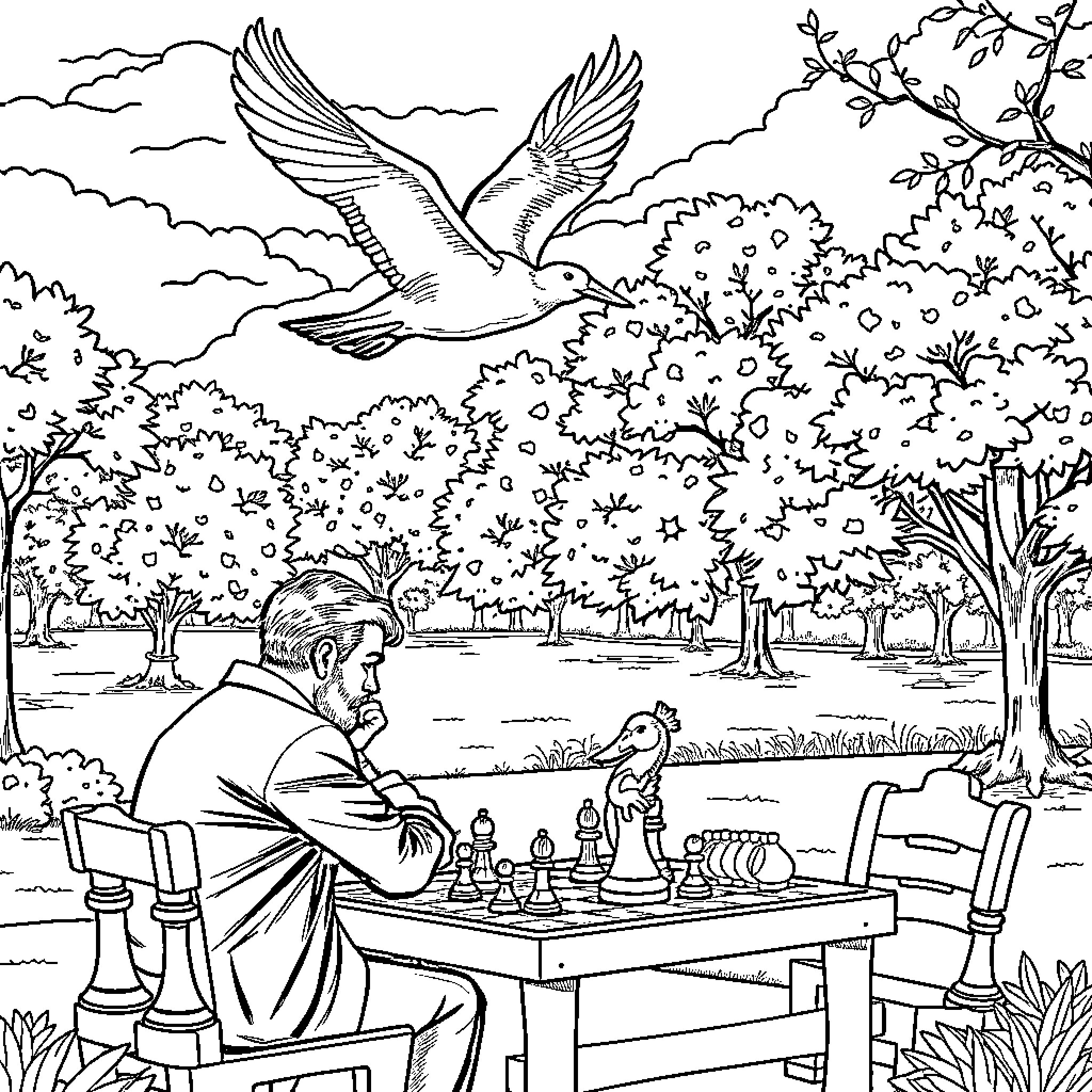 Duck playing chess in the park Coloring Page (free black-and-white line drawing printable PDF for all, from beginners to advanced learners, including children, teens, adults, and seniors)