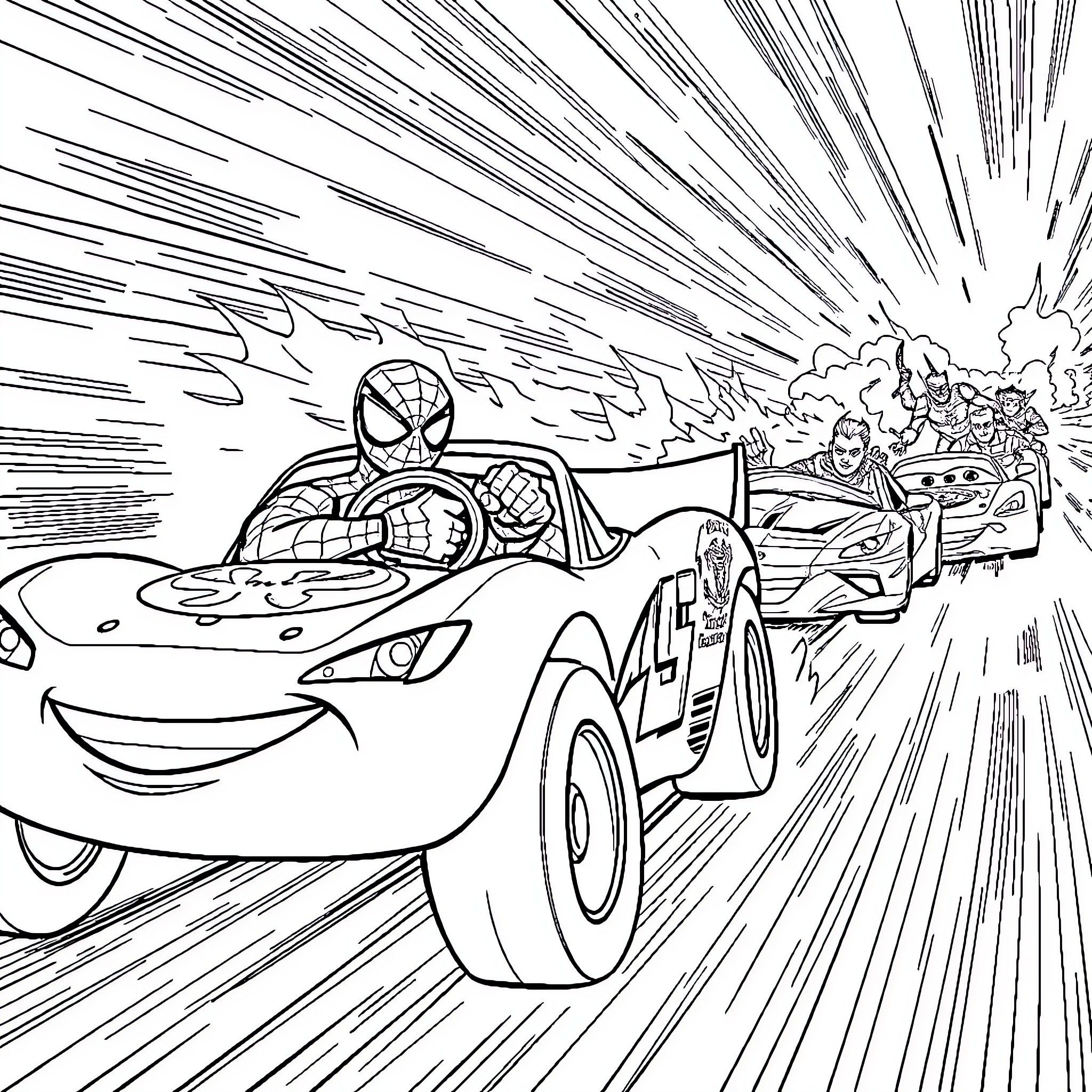 Spiderman zooming through the city in a sports car Coloring Page (free black-and-white line drawing printable PDF for all, from beginners to advanced learners, including children, teens, adults, and seniors)