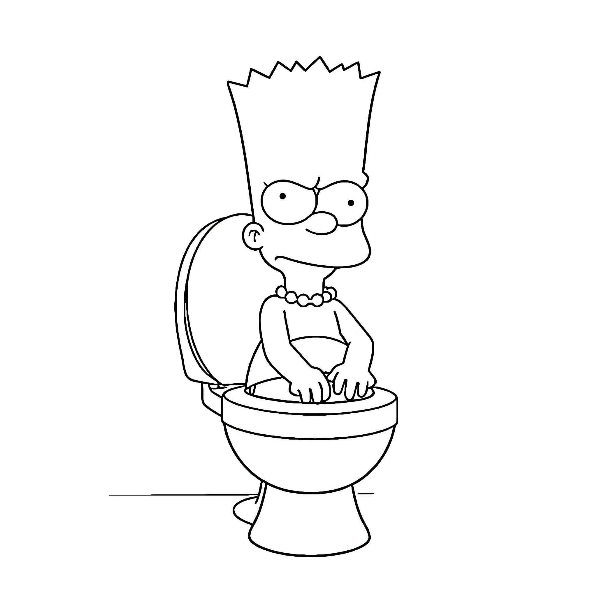 Bart Simpson sitting on a toilet Coloring Page (free black-and-white line drawing printable PDF for all, from beginners to advanced learners, including children, teens, adults, and seniors)