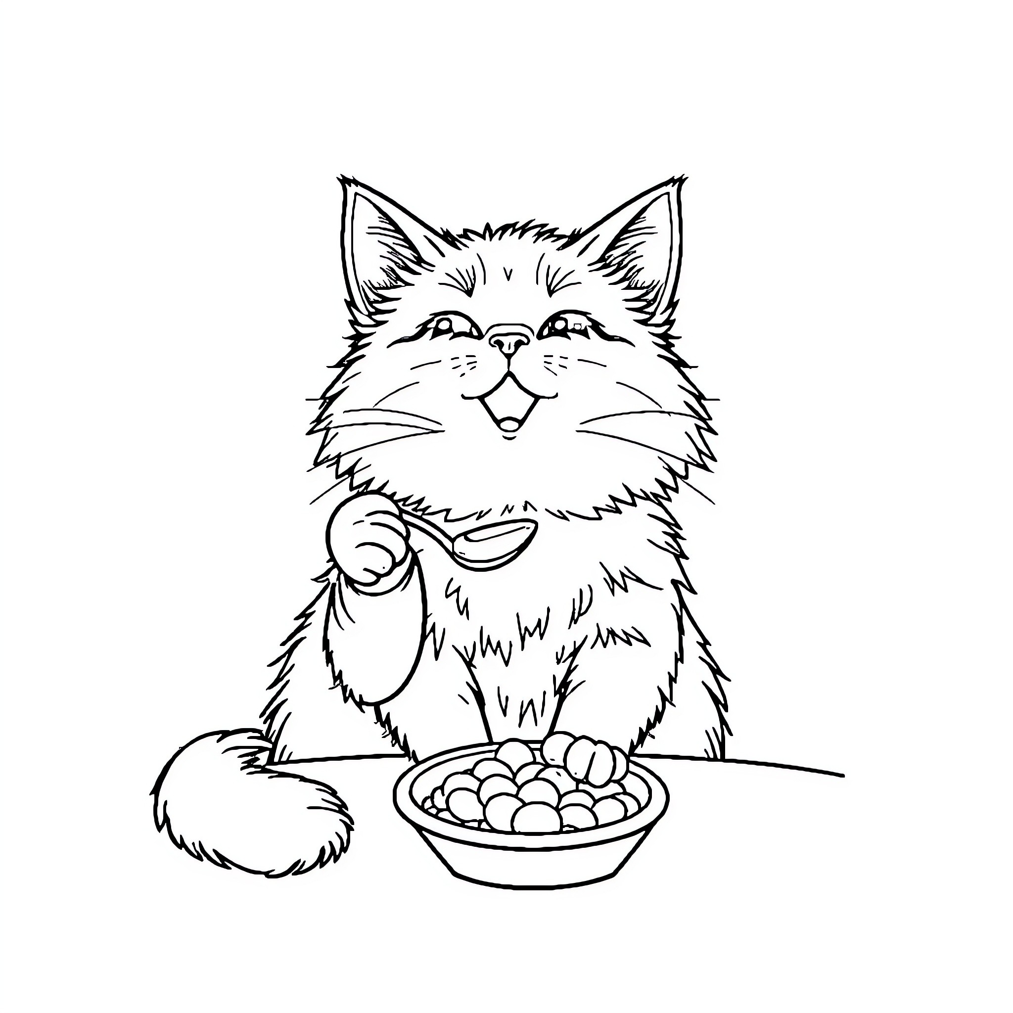 Cat enjoying a bowl of treats Coloring Page (free black-and-white line drawing printable PDF for all, from beginners to advanced learners, including children, teens, adults, and seniors)