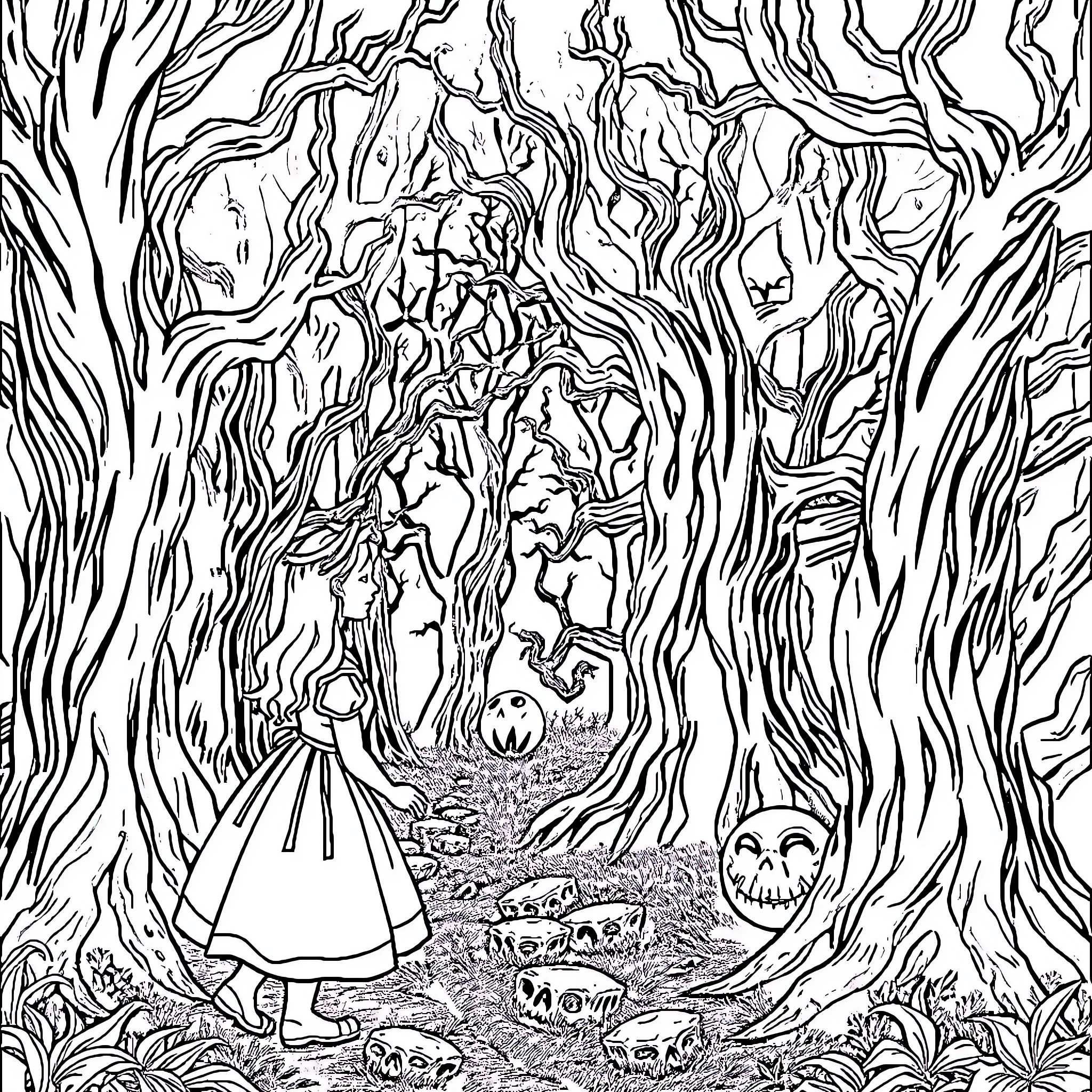 Alice in the Enchanted Forest Coloring Page (free black-and-white line drawing printable PDF for all, from beginners to advanced learners, including children, teens, adults, and seniors)