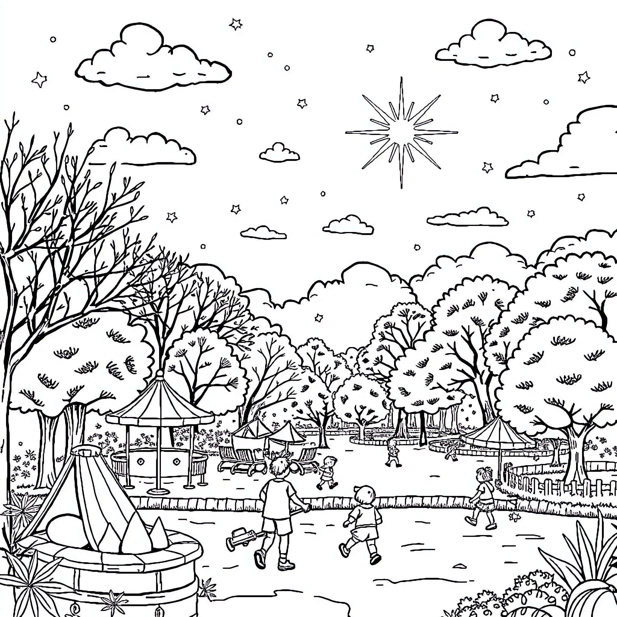 Rainbow Carnival under the Starry Sky Coloring Page (free black-and-white line drawing printable PDF for all, from beginners to advanced learners, including children, teens, adults, and seniors)