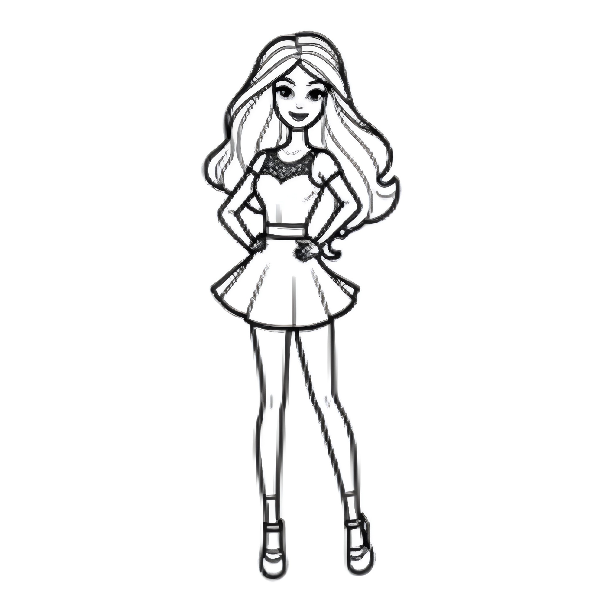 Barbie Posing with Confidence Coloring Page (free black-and-white line drawing printable PDF for all, from beginners to advanced learners, including children, teens, adults, and seniors)