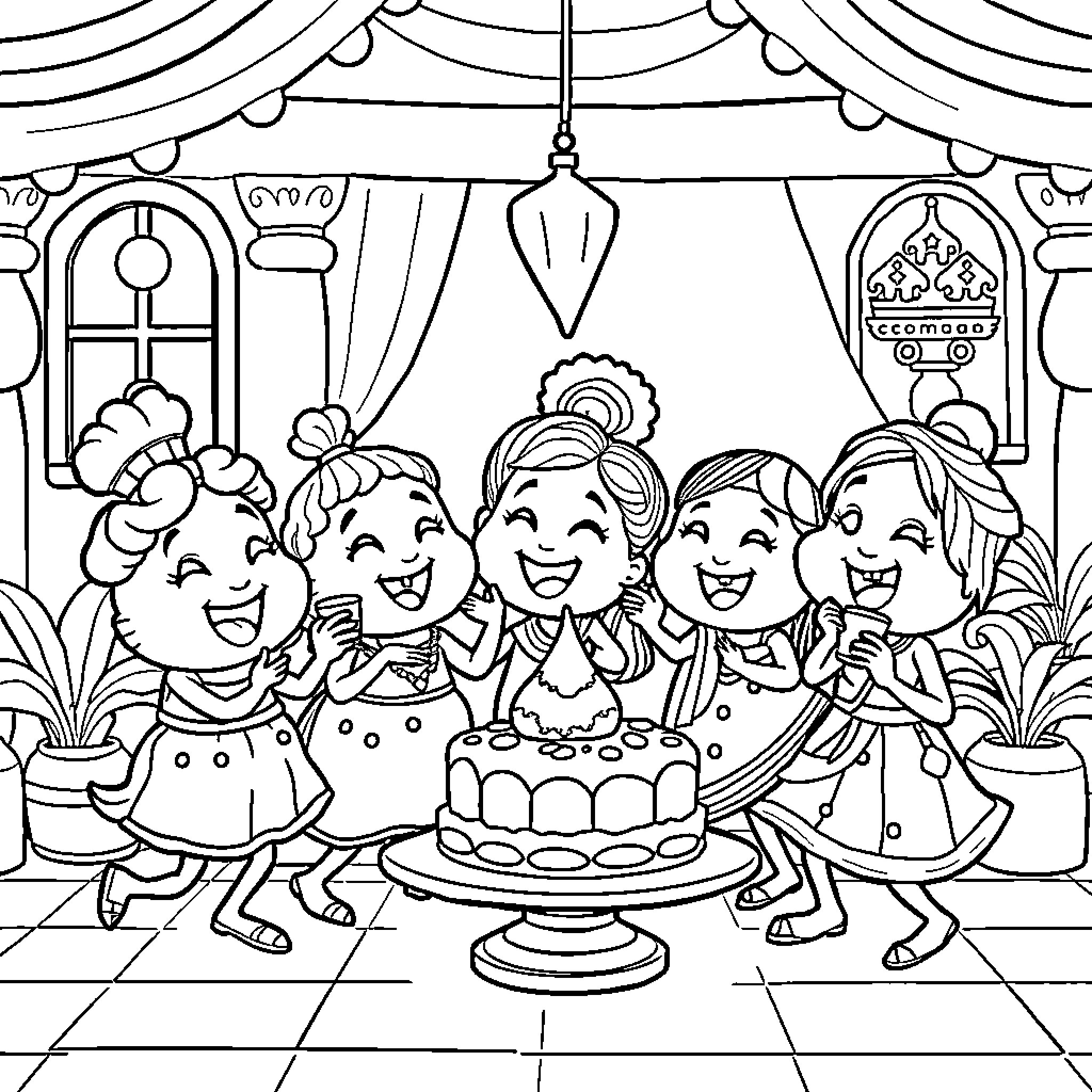 Cocomelon kids celebrating a birthday party Coloring Page (free black-and-white line drawing printable PDF for all, from beginners to advanced learners, including children, teens, adults, and seniors)