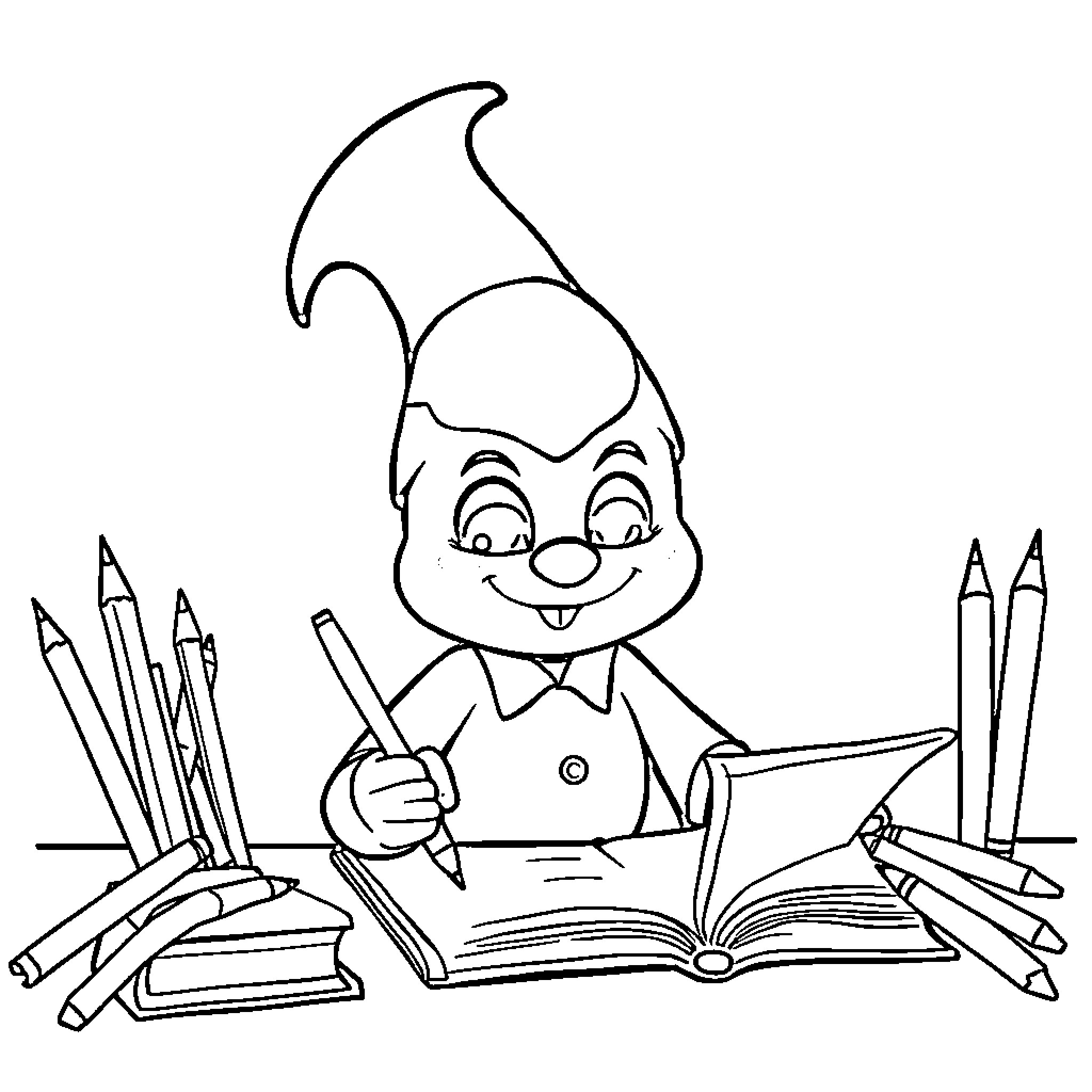 Plim Plim Studying Happily with Pencils and Books Coloring Page (free black-and-white line drawing printable PDF for all, from beginners to advanced learners, including children, teens, adults, and seniors)