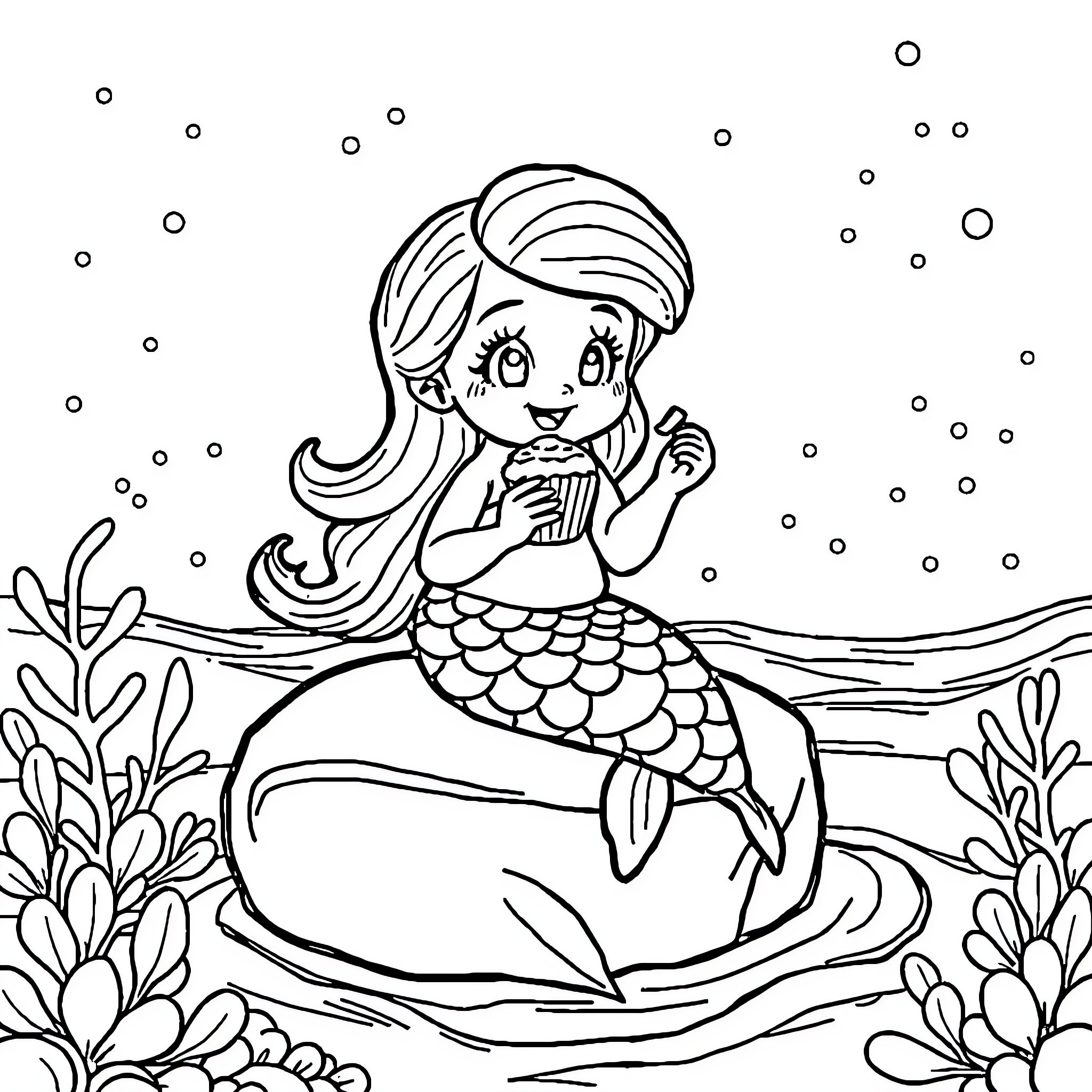 Mermaid enjoying a peaceful underwater scene Coloring Page (free black-and-white line drawing printable PDF for all, from beginners to advanced learners, including children, teens, adults, and seniors)
