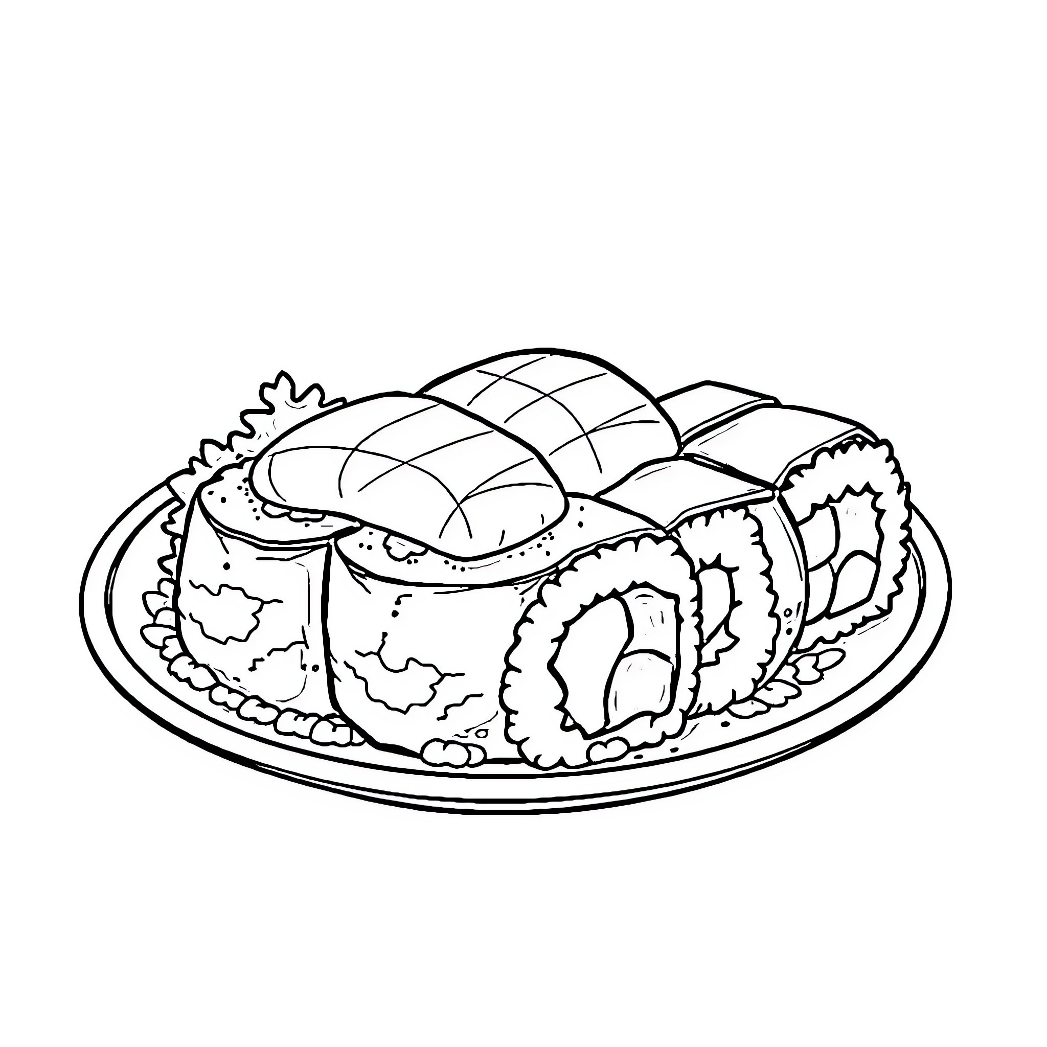 Sushi Platter with Variety of Rolls Coloring Page (free black-and-white line drawing printable PDF for all, from beginners to advanced learners, including children, teens, adults, and seniors)