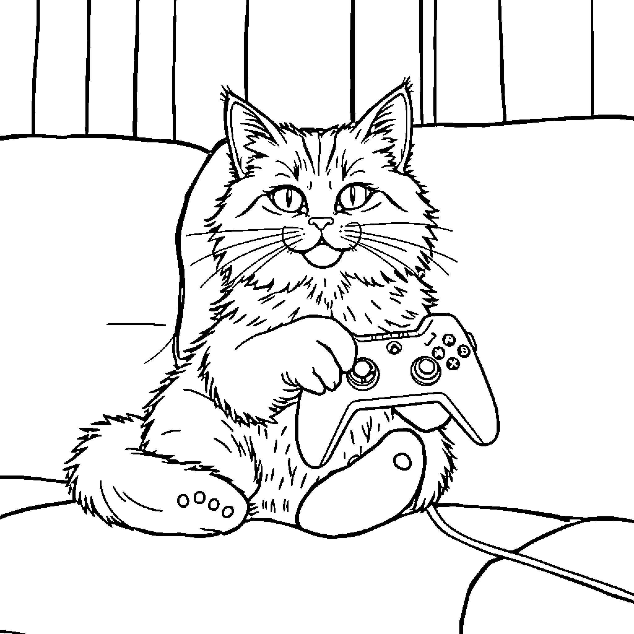 Cat playing video games with game controller Coloring Page (free black-and-white line drawing printable PDF for all, from beginners to advanced learners, including children, teens, adults, and seniors)