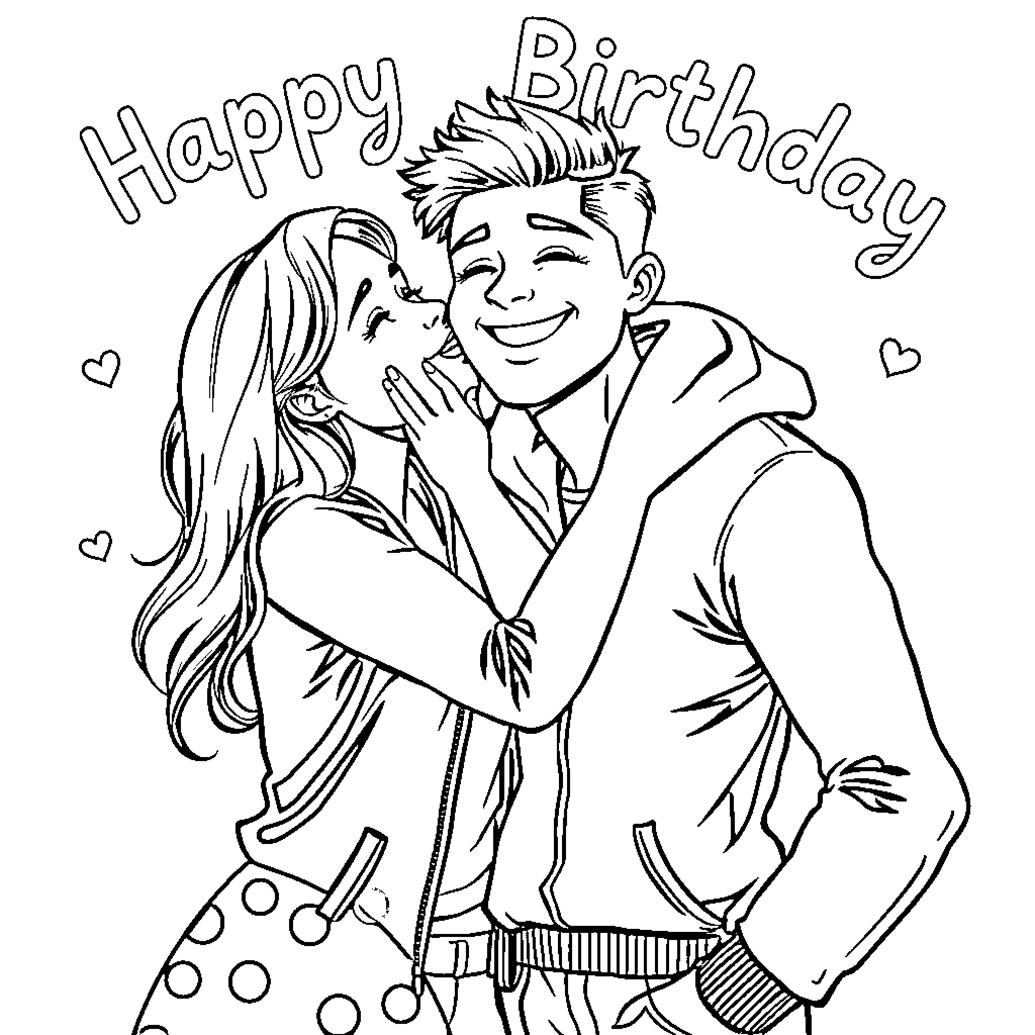 Girlfriend celebrates boyfriend's birthday with affection Coloring Page (free black-and-white line drawing printable PDF for all, from beginners to advanced learners, including children, teens, adults, and seniors)