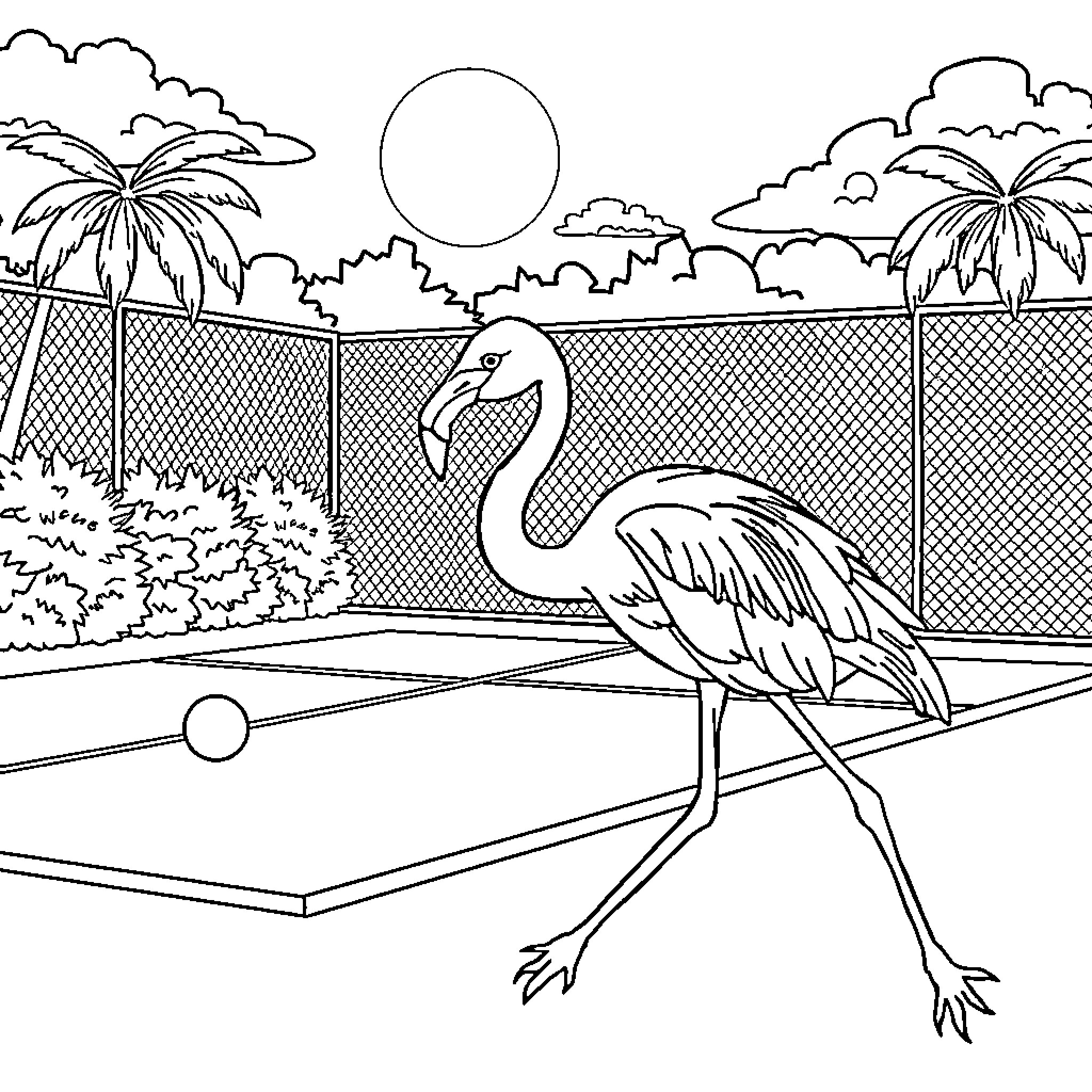 Flamingo strolling in a tropical landscape Coloring Page (free black-and-white line drawing printable PDF for all, from beginners to advanced learners, including children, teens, adults, and seniors)