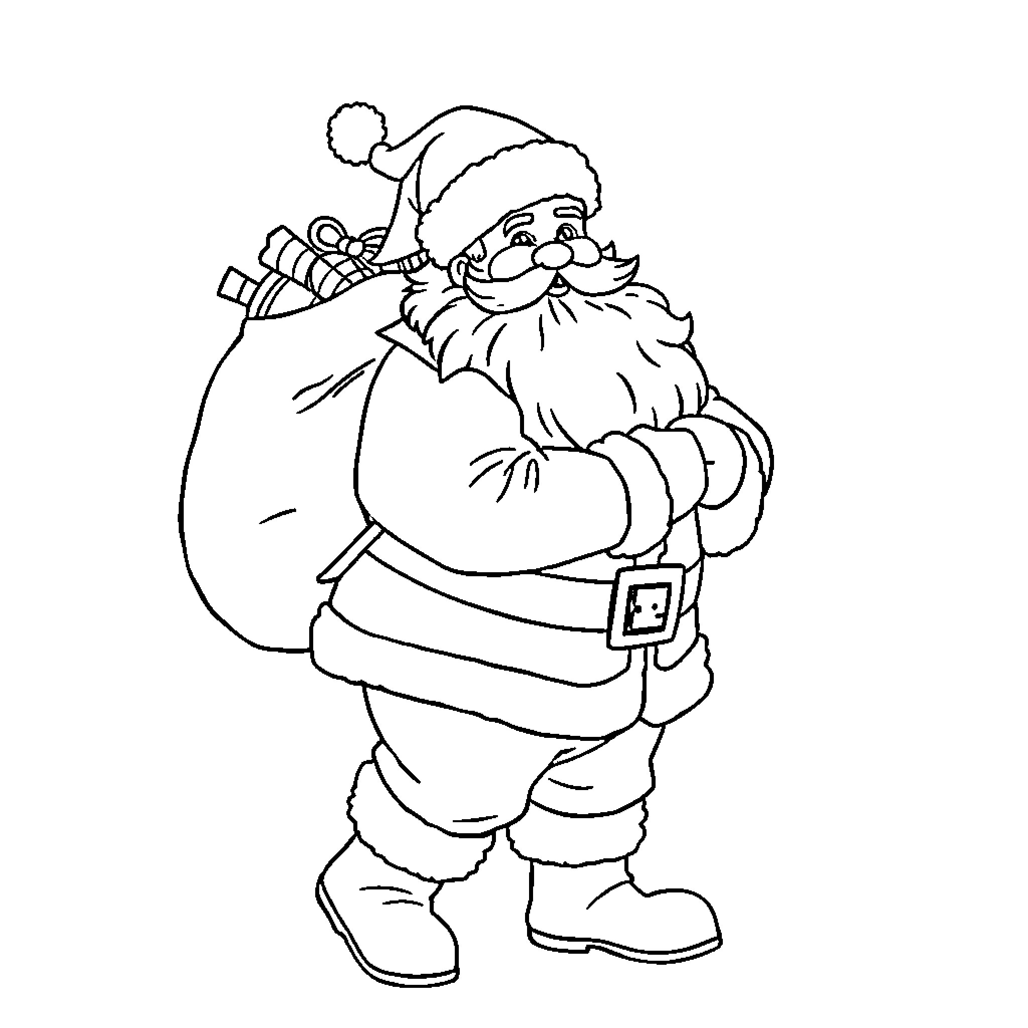 Santa Claus carrying a sack of gifts Coloring Page (free black-and-white line drawing printable PDF for all, from beginners to advanced learners, including children, teens, adults, and seniors)