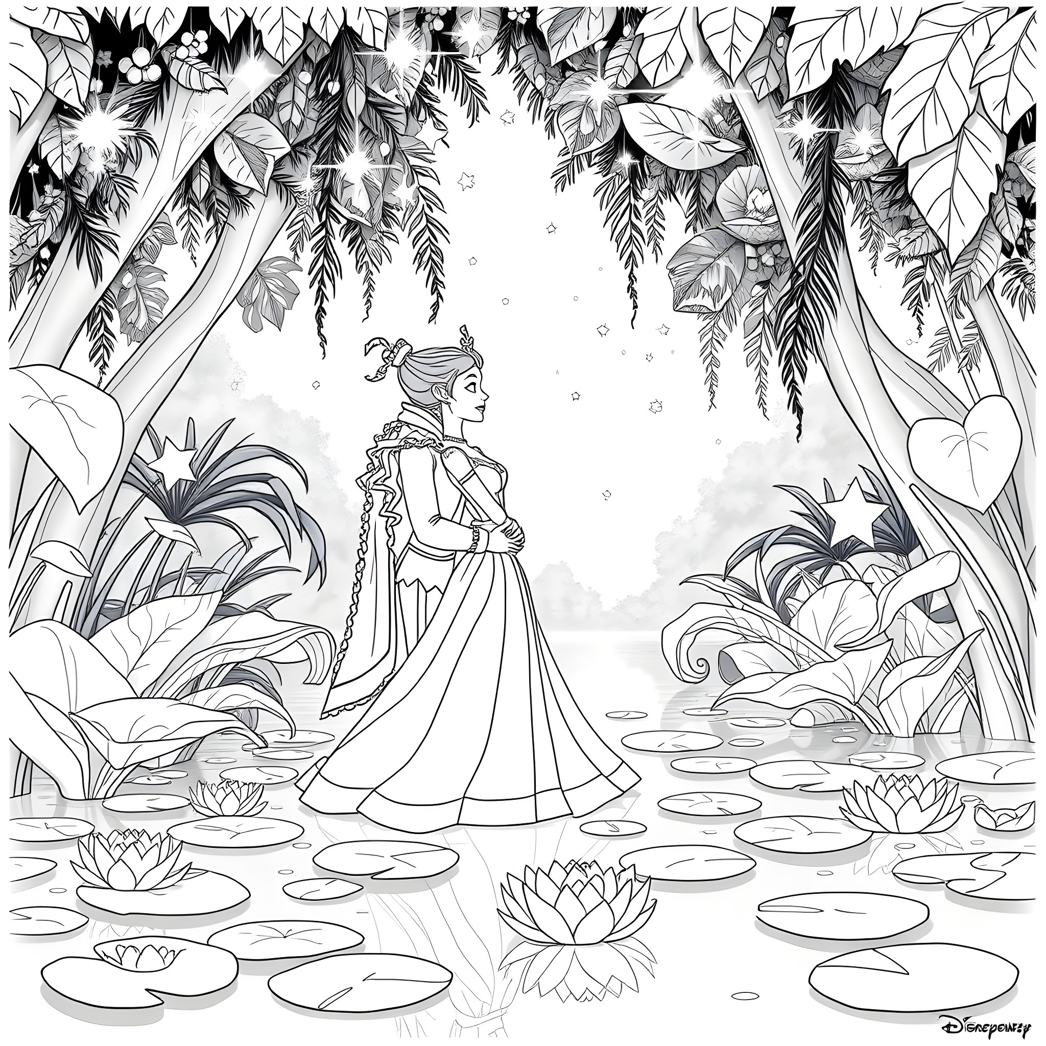 Tiana exploring a lush, enchanted garden Coloring Page (free black-and-white line drawing printable PDF for all, from beginners to advanced learners, including children, teens, adults, and seniors)