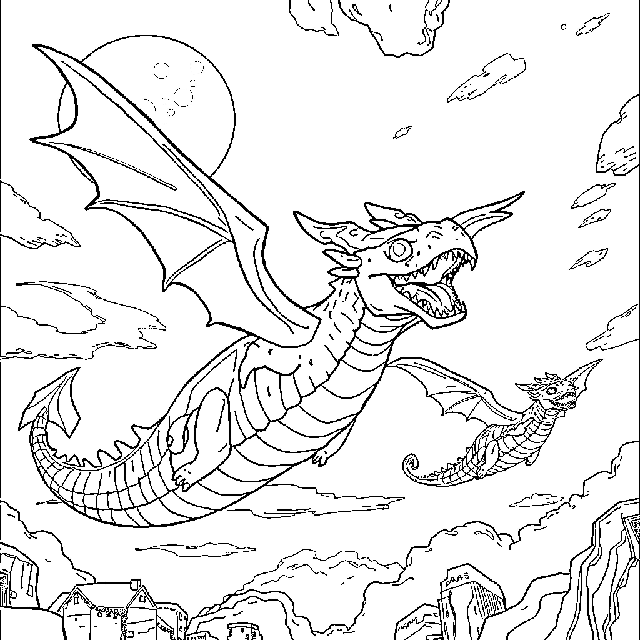 Ender Dragon soaring over the village Coloring Page (free black-and-white line drawing printable PDF for all, from beginners to advanced learners, including children, teens, adults, and seniors)