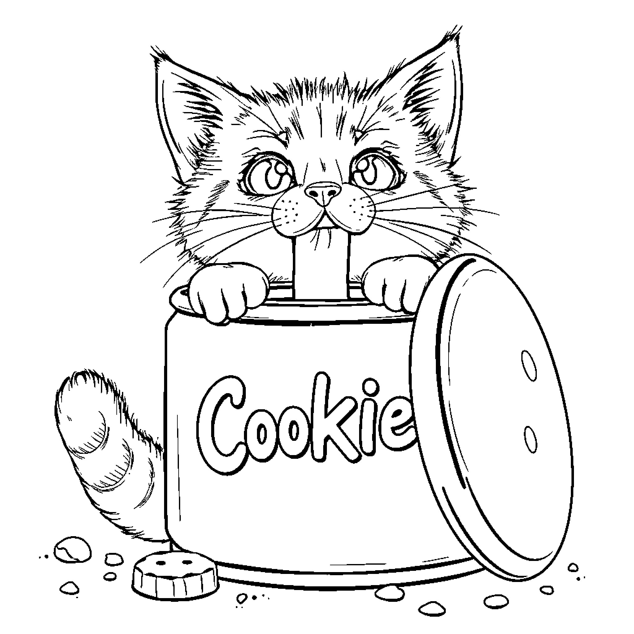 Cat peeking out from cookie jar Coloring Page (free black-and-white line drawing printable PDF for all, from beginners to advanced learners, including children, teens, adults, and seniors)