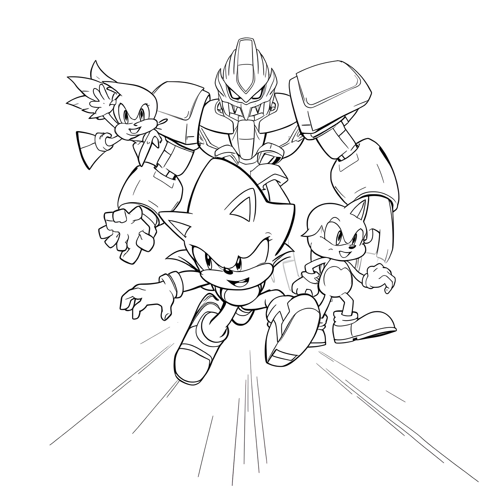 Sonic and Friends in Action Coloring Page (free black-and-white line drawing printable PDF for all, from beginners to advanced learners, including children, teens, adults, and seniors)