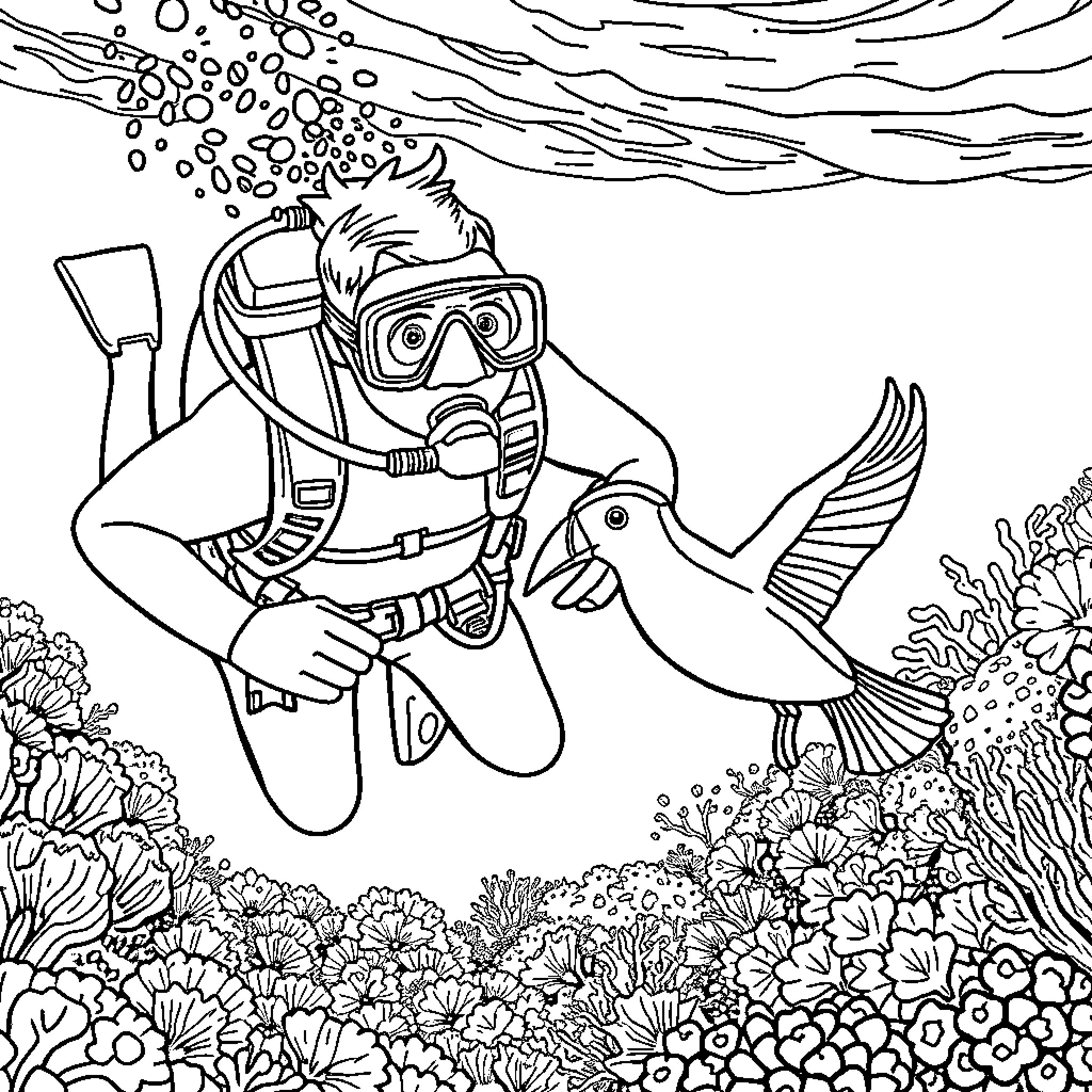 Scuba Diver Exploring Vibrant Underwater Coral Reef Coloring Page (free black-and-white line drawing printable PDF for all, from beginners to advanced learners, including children, teens, adults, and seniors)
