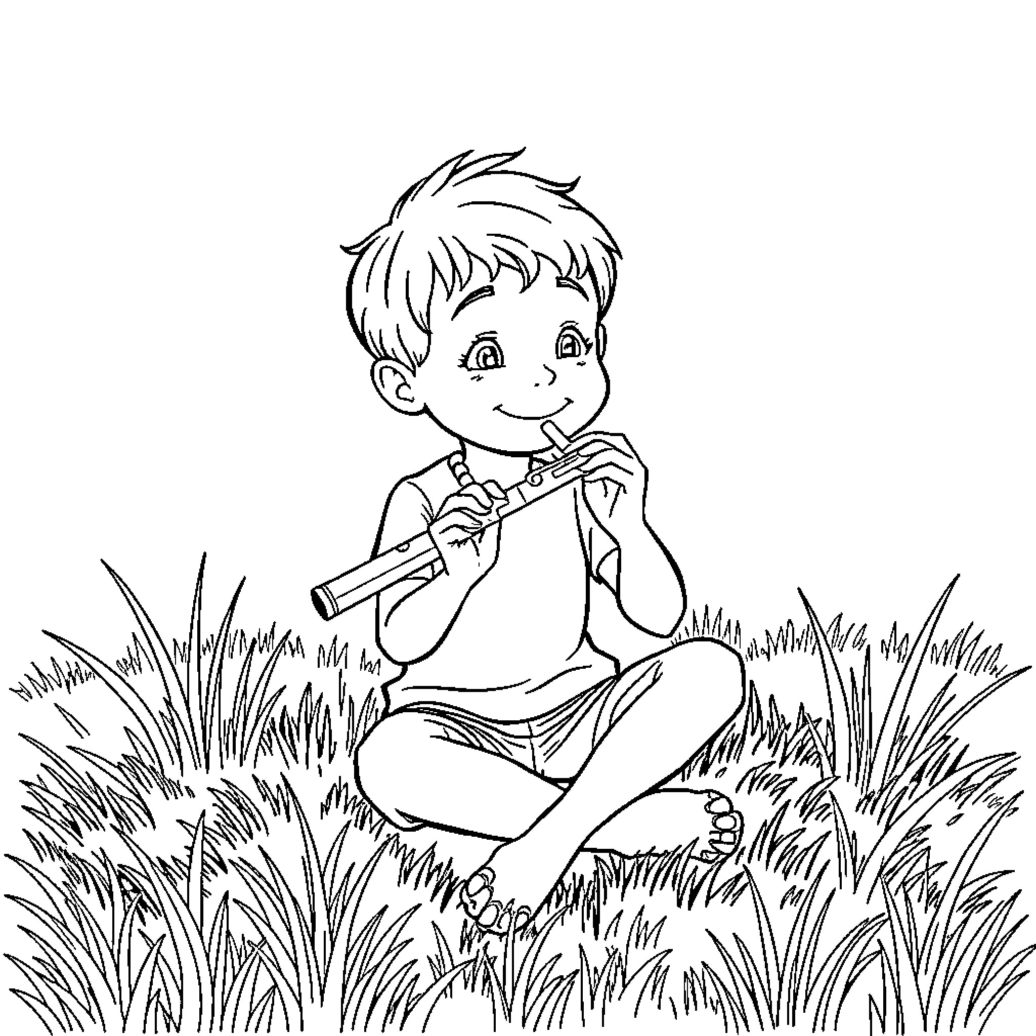 Kid playing cheerfully with a flute in the meadow Coloring Page (free black-and-white line drawing printable PDF for all, from beginners to advanced learners, including children, teens, adults, and seniors)