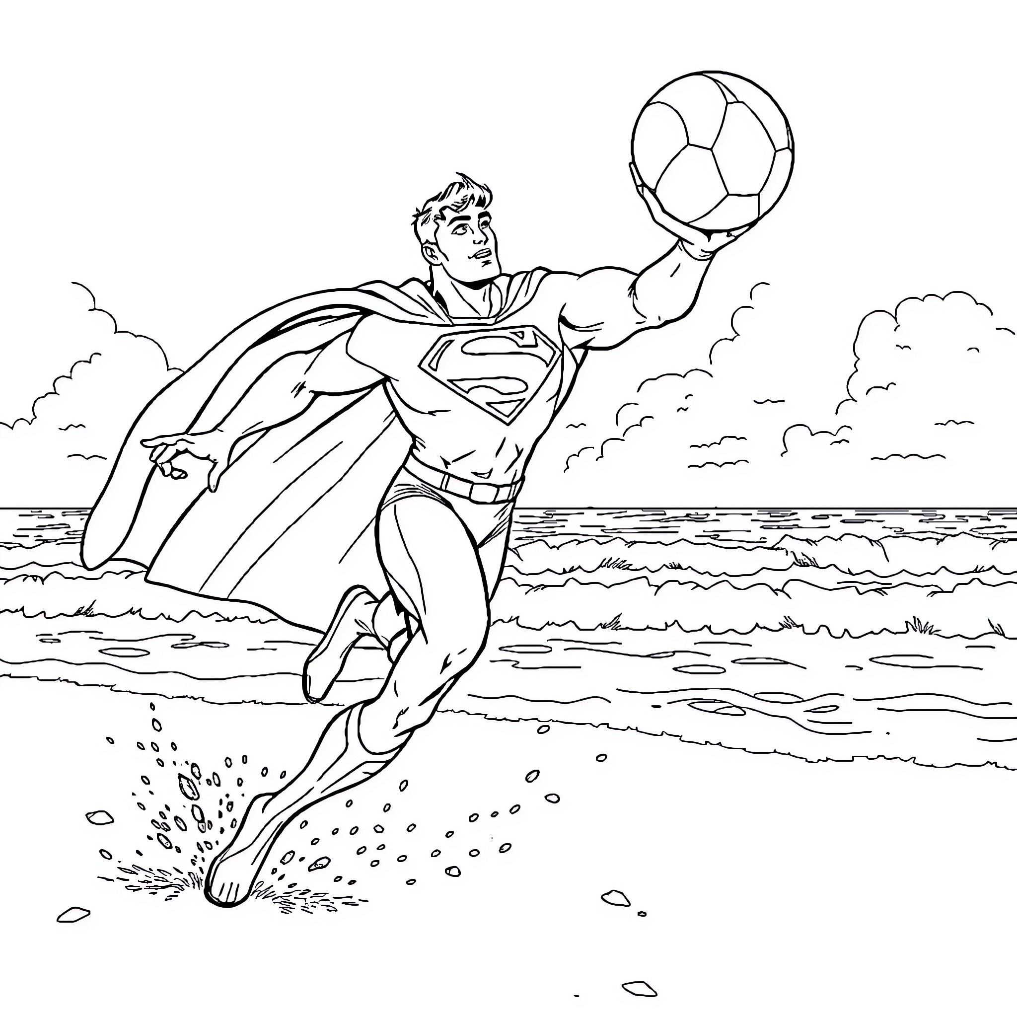 Superman soaring over the waves with a soccer ball Coloring Page (free black-and-white line drawing printable PDF for all, from beginners to advanced learners, including children, teens, adults, and seniors)