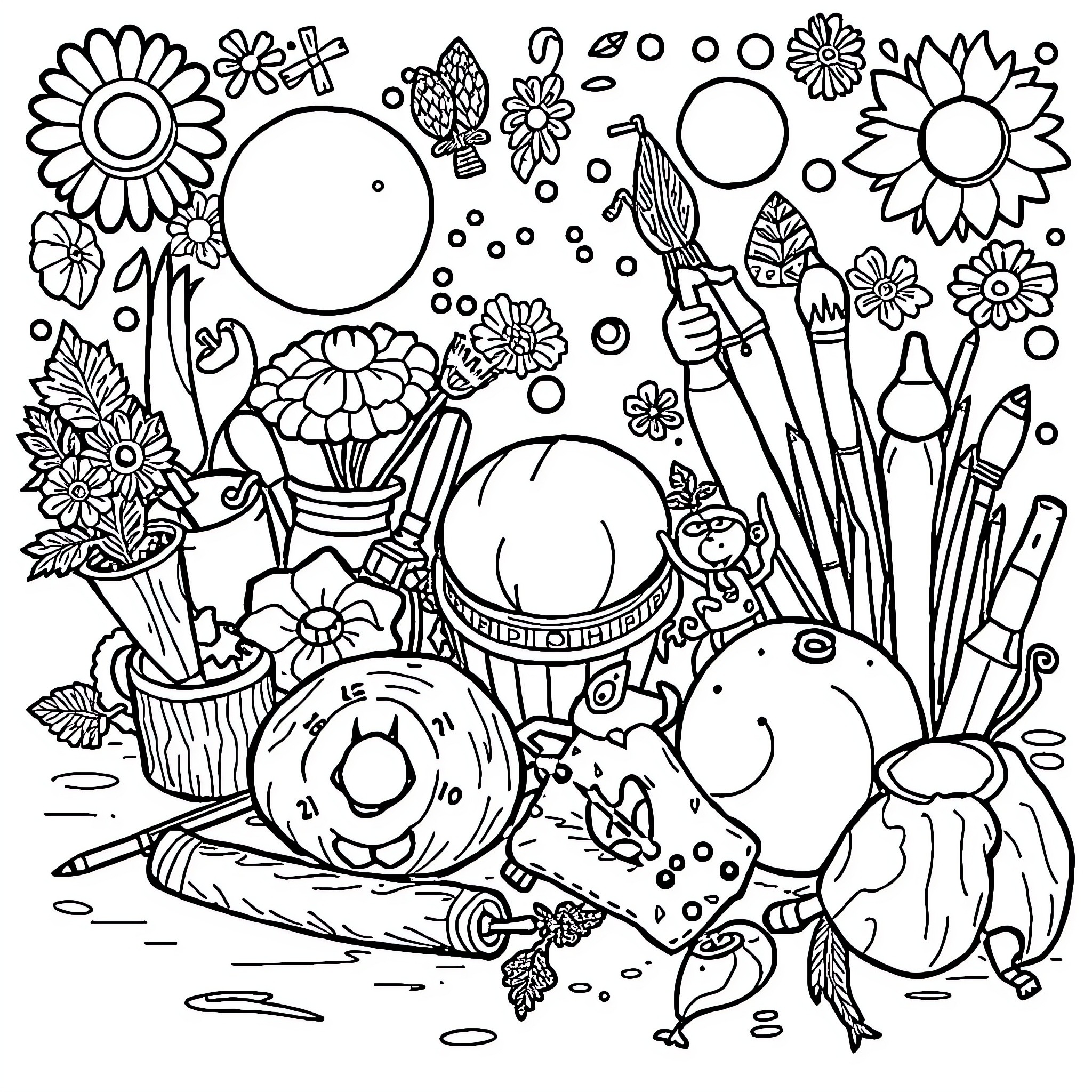 Hobby of Arts and Crafts with Creative Supplies Coloring Page (free black-and-white line drawing printable PDF for all, from beginners to advanced learners, including children, teens, adults, and seniors)