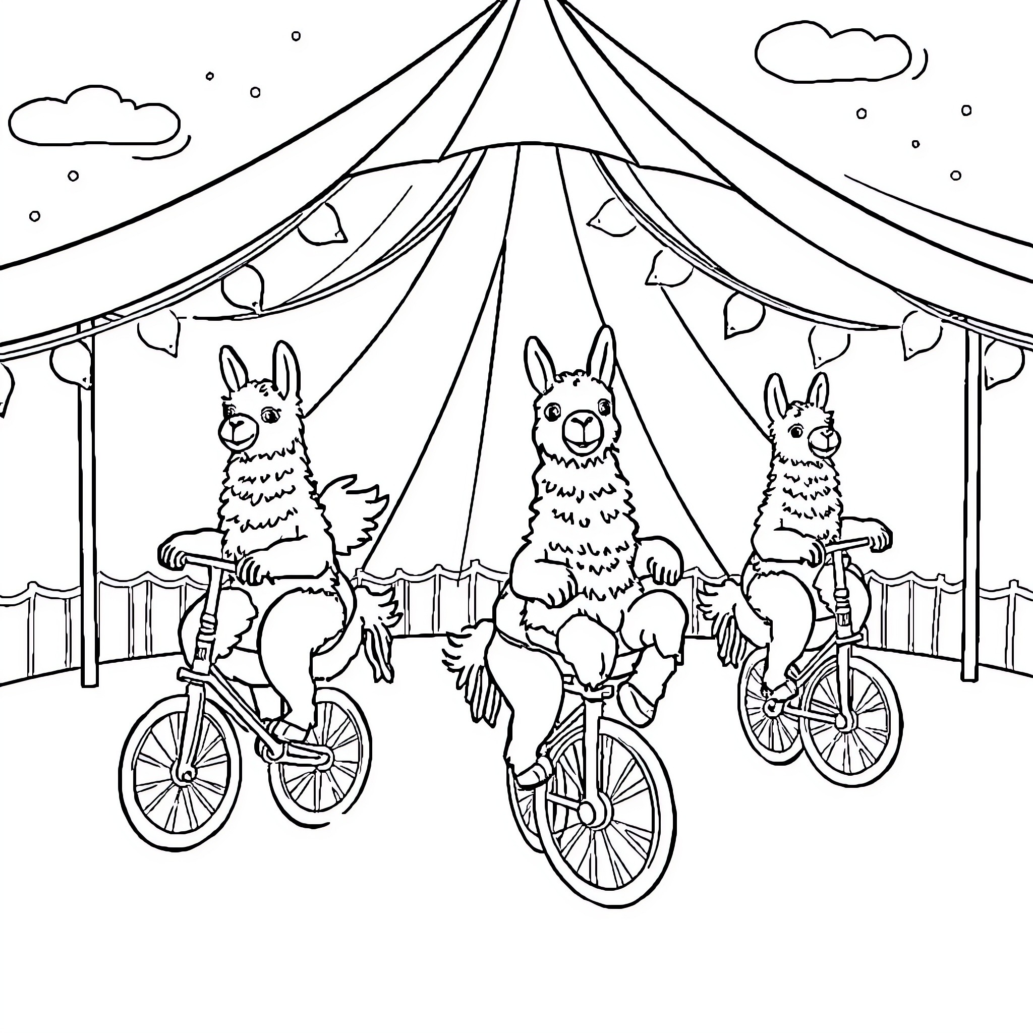 Llamas performing cycling tricks at the circus Coloring Page (free black-and-white line drawing printable PDF for all, from beginners to advanced learners, including children, teens, adults, and seniors)