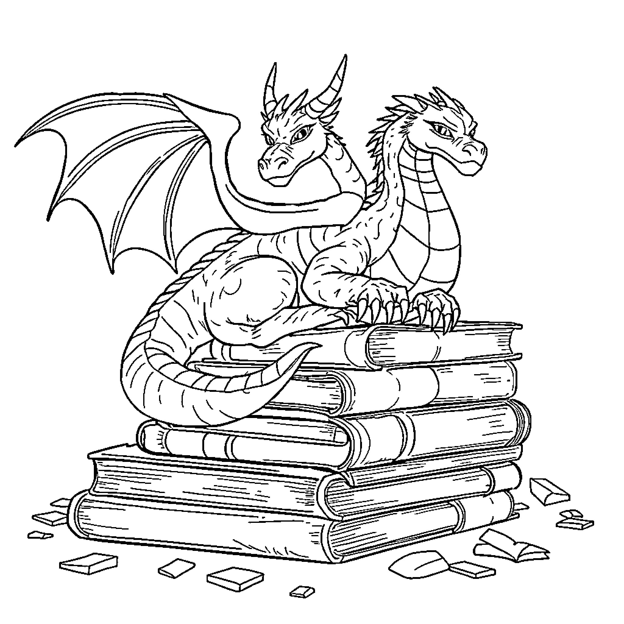 Dragon resting on piles of books Coloring Page (free black-and-white line drawing printable PDF for all, from beginners to advanced learners, including children, teens, adults, and seniors)
