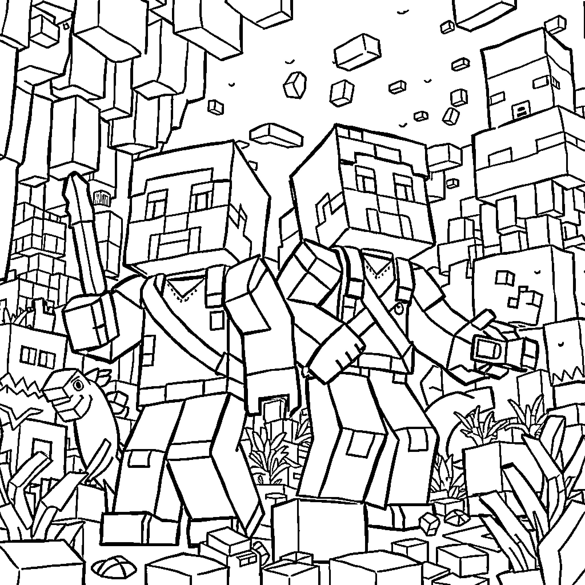 Minecraft Characters in an Abstract Landscape Coloring Page (free black-and-white line drawing printable PDF for all, from beginners to advanced learners, including children, teens, adults, and seniors)