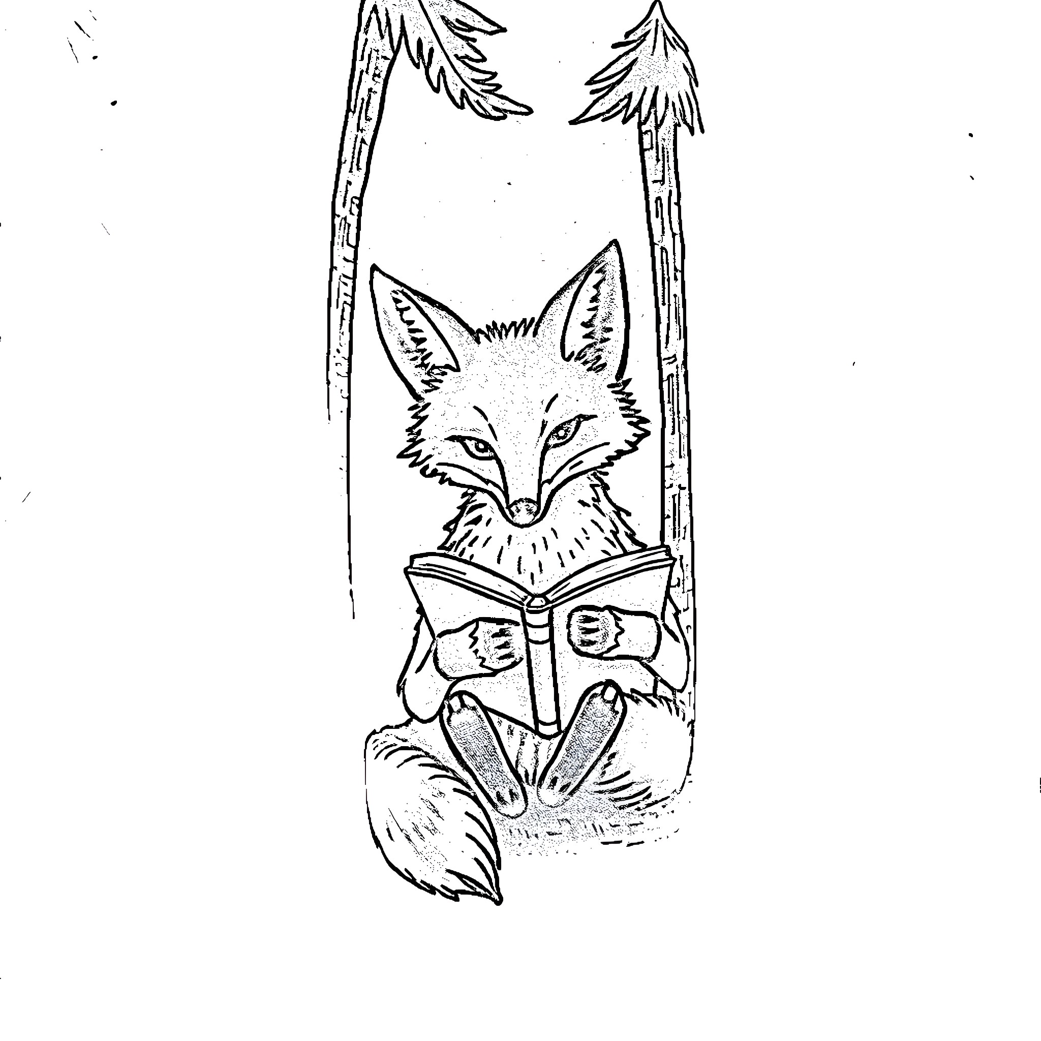 Fox reading book in forest Coloring Page (free black-and-white line drawing printable PDF for all, from beginners to advanced learners, including children, teens, adults, and seniors)