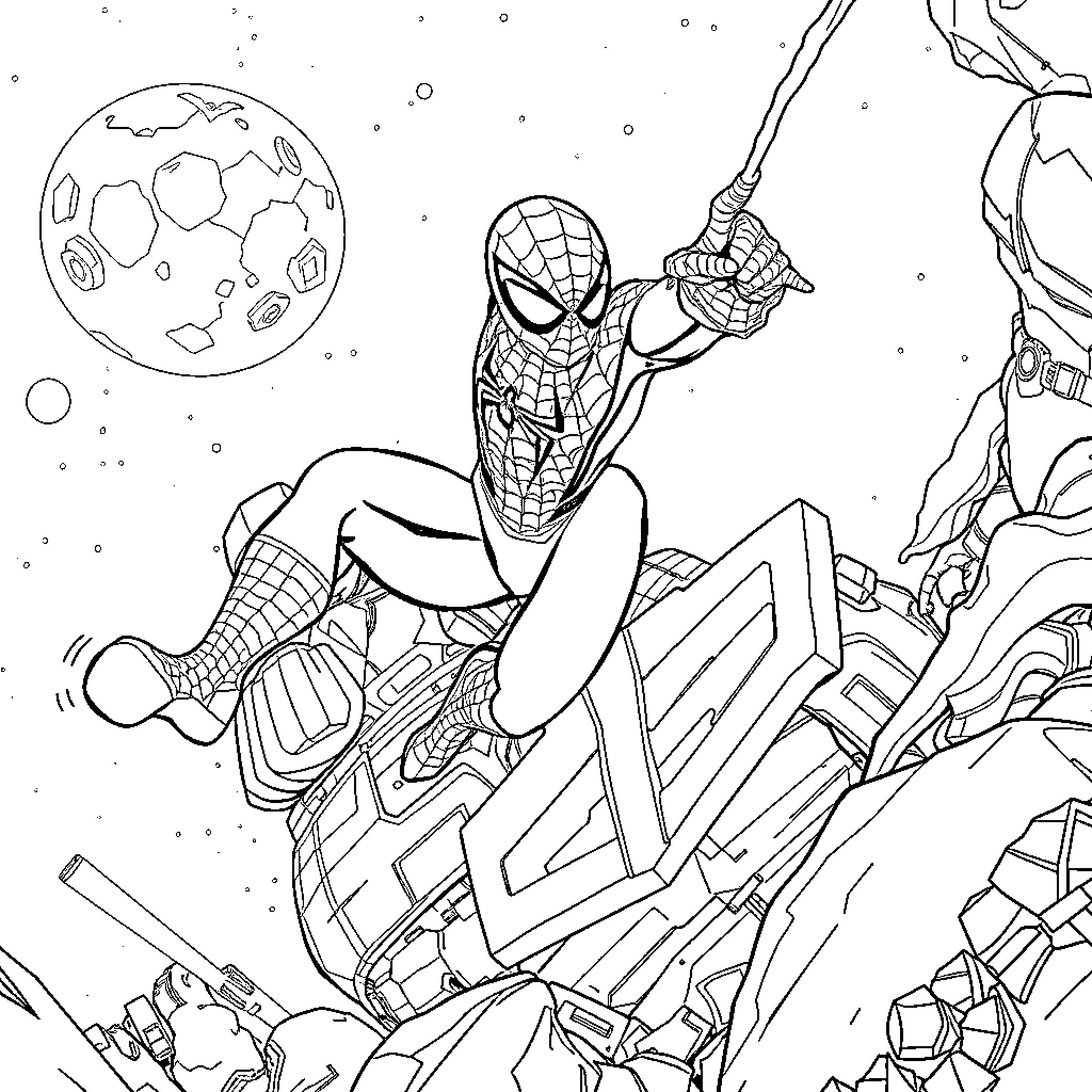 Spiderman swinging through the city at night Coloring Page (free black-and-white line drawing printable PDF for all, from beginners to advanced learners, including children, teens, adults, and seniors)