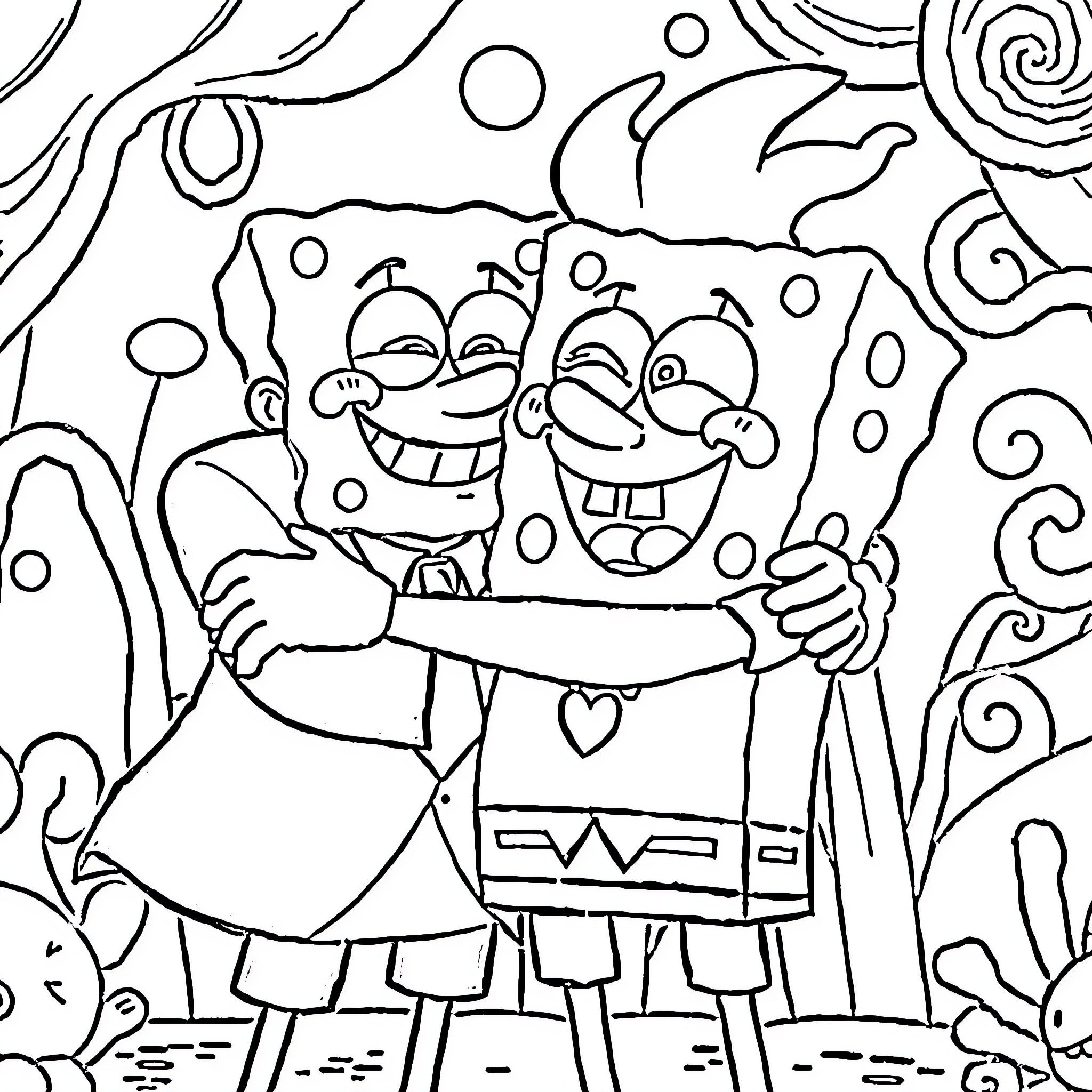 Spongebob and Patrick in a whimsical world Coloring Page (free black-and-white line drawing printable PDF for all, from beginners to advanced learners, including children, teens, adults, and seniors)