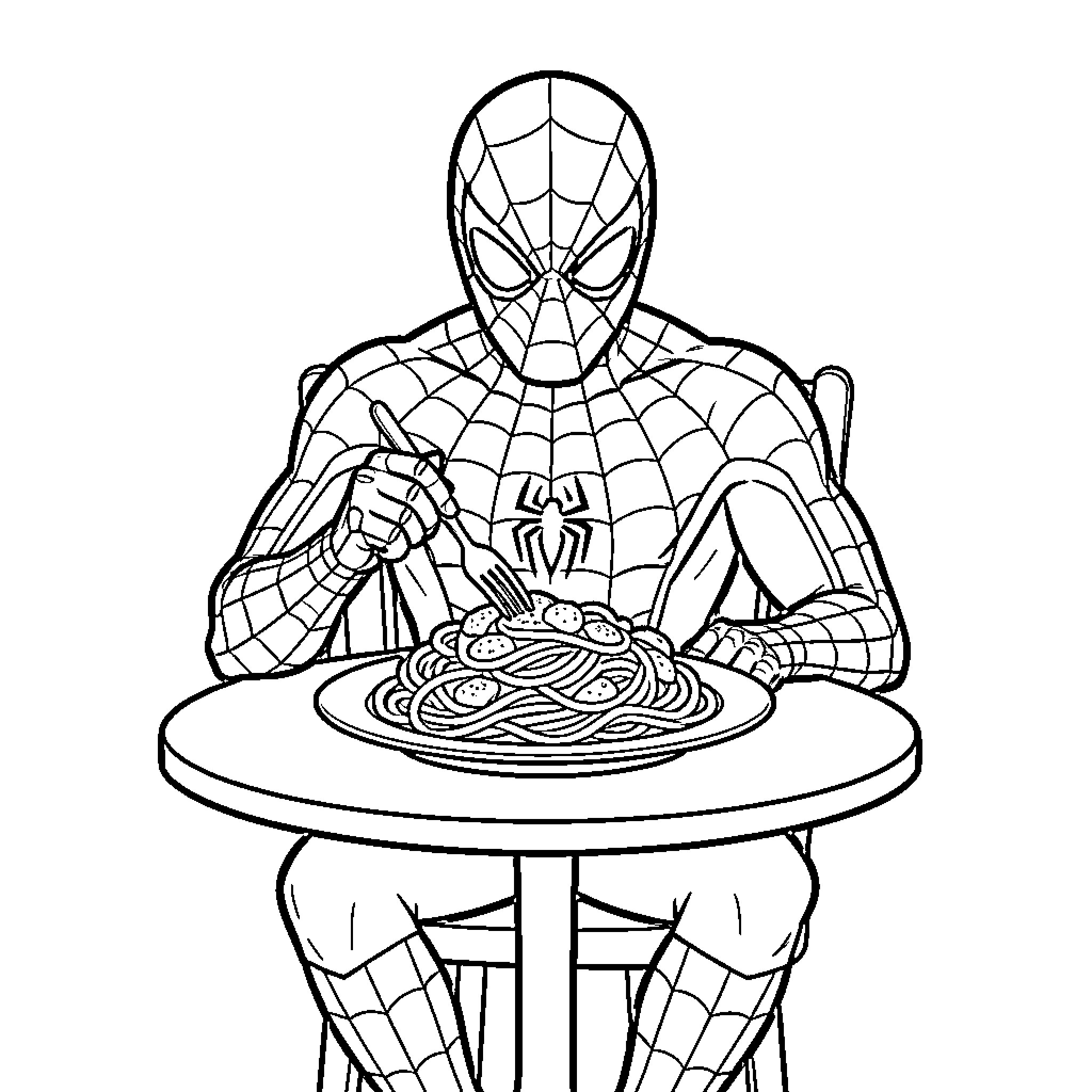 Spiderman eating a large plate of spaghetti Coloring Page (free black-and-white line drawing printable PDF for all, from beginners to advanced learners, including children, teens, adults, and seniors)