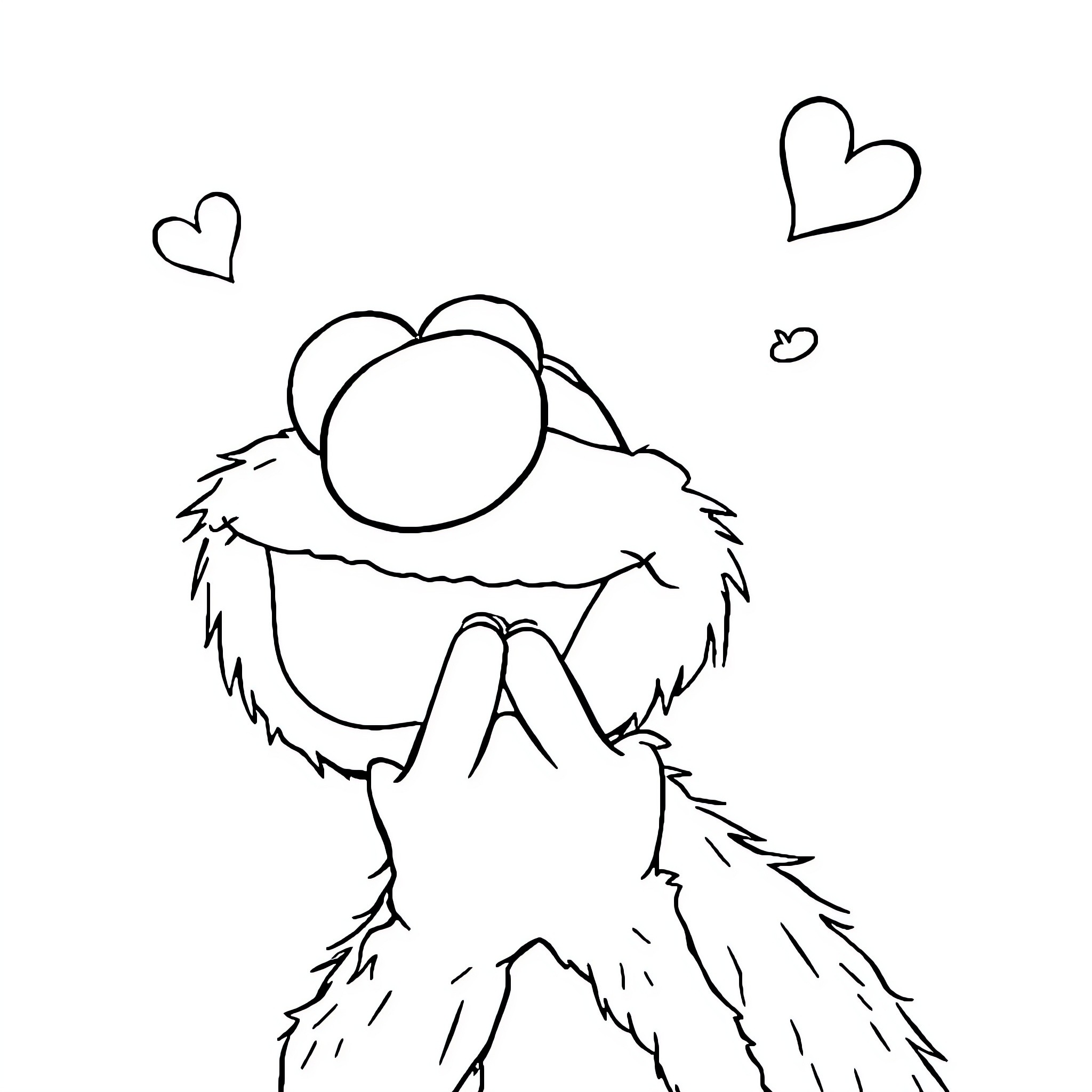 Elmo embracing hearts with adoration Coloring Page (free black-and-white line drawing printable PDF for all, from beginners to advanced learners, including children, teens, adults, and seniors)