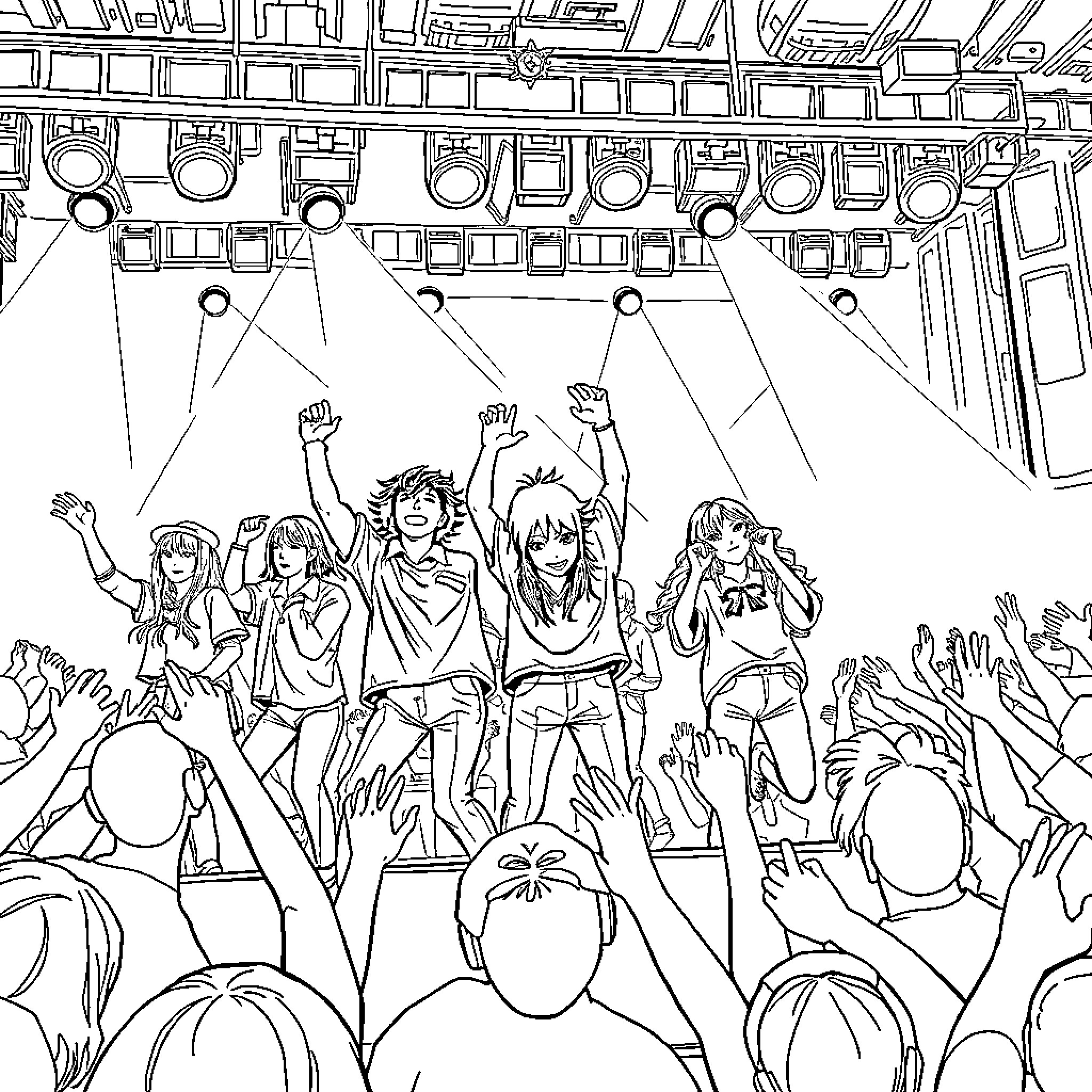 Kpop performers energetically entertaining the crowd Coloring Page (free black-and-white line drawing printable PDF for all, from beginners to advanced learners, including children, teens, adults, and seniors)