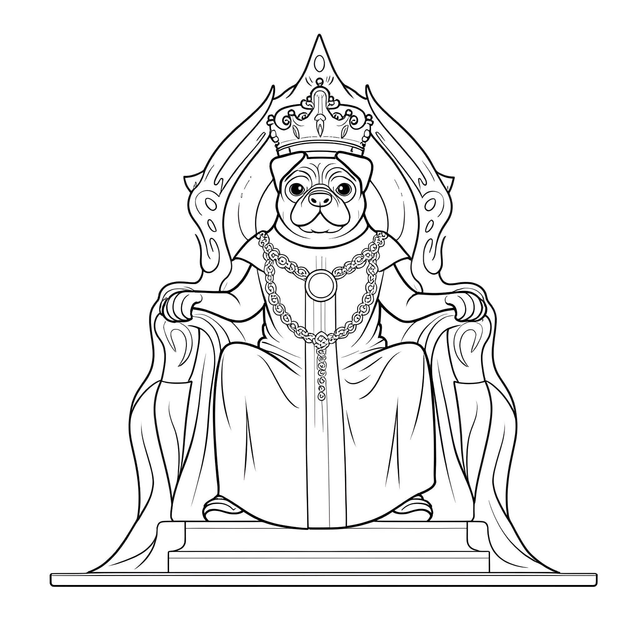 Pug sitting on a throne in regal attire Coloring Page (free black-and-white line drawing printable PDF for all, from beginners to advanced learners, including children, teens, adults, and seniors)