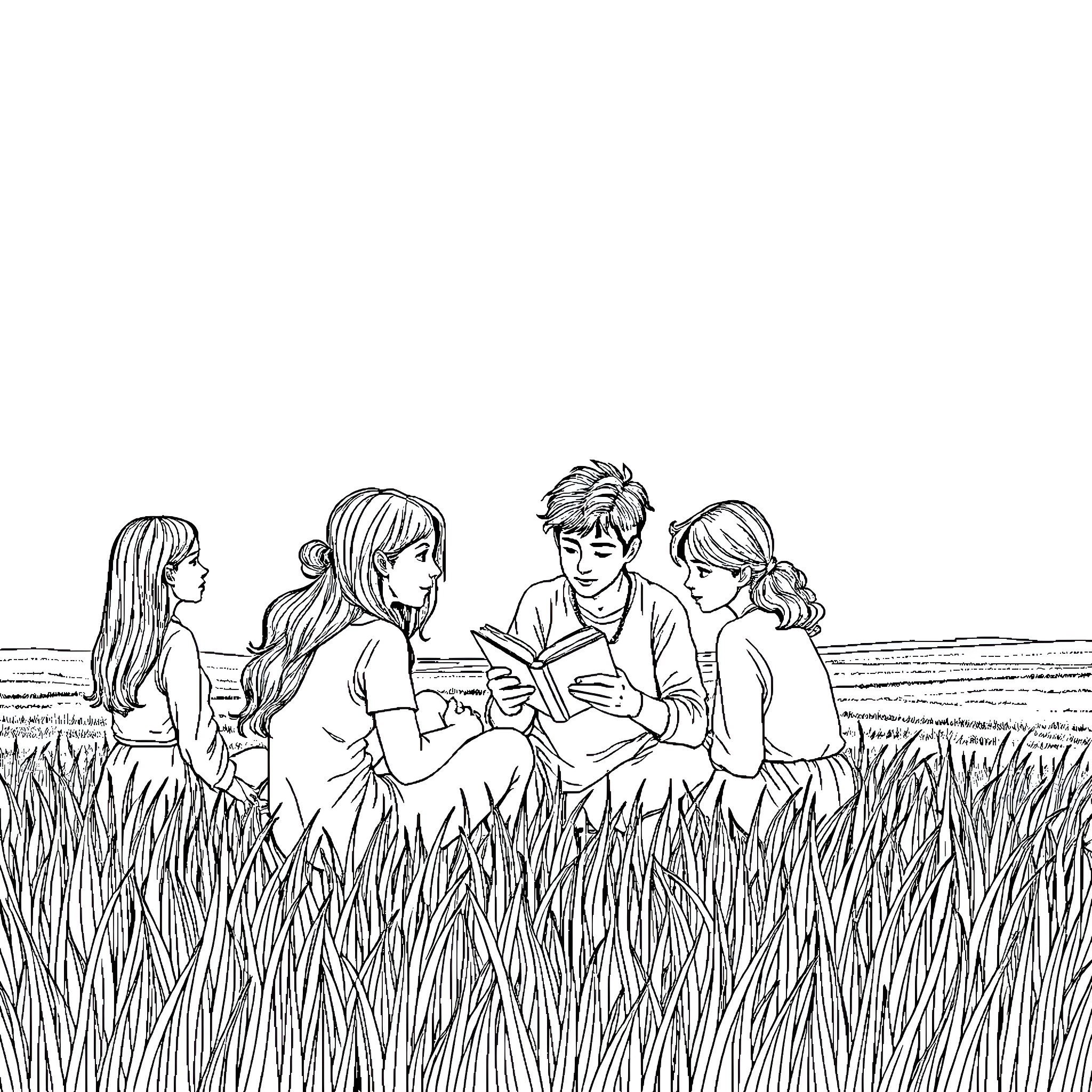 Bible Study Group Gathered in Serene Meadow Coloring Page (free black-and-white line drawing printable PDF for all, from beginners to advanced learners, including children, teens, adults, and seniors)