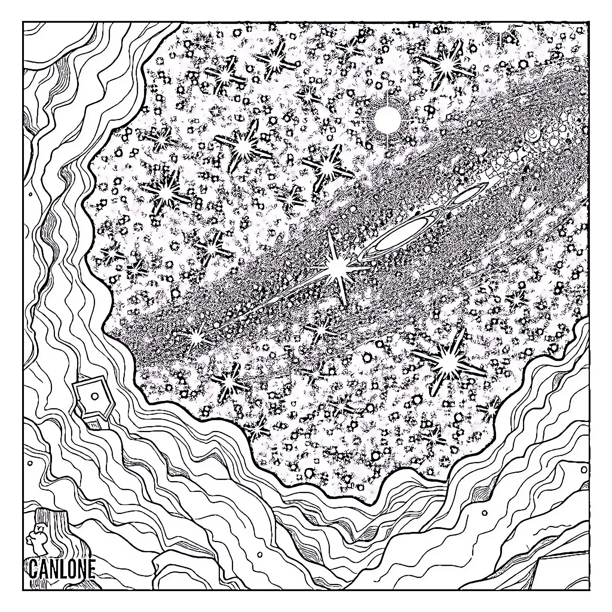 Overspace Celestial Wonders in the Cosmic Expanse Coloring Page (free black-and-white line drawing printable PDF for all, from beginners to advanced learners, including children, teens, adults, and seniors)