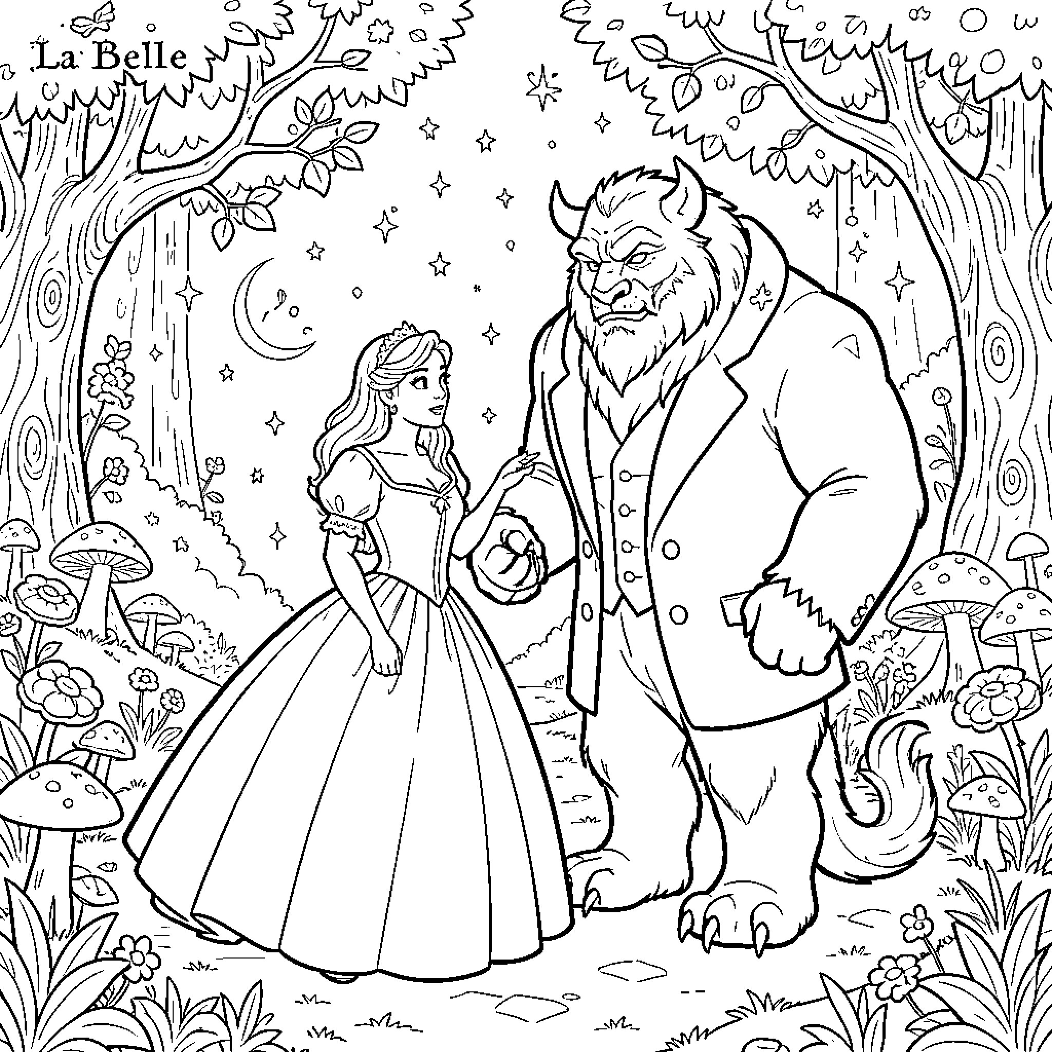 Beauty And The Beast dancing in a magical forest Coloring Page (free black-and-white line drawing printable PDF for all, from beginners to advanced learners, including children, teens, adults, and seniors)