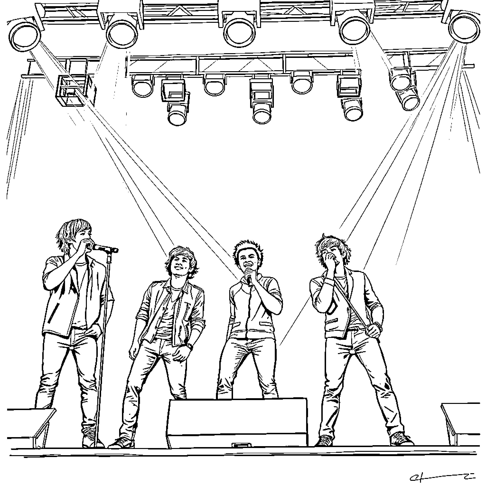 One Direction on Stage Performing for Fans Coloring Page (free black-and-white line drawing printable PDF for all, from beginners to advanced learners, including children, teens, adults, and seniors)