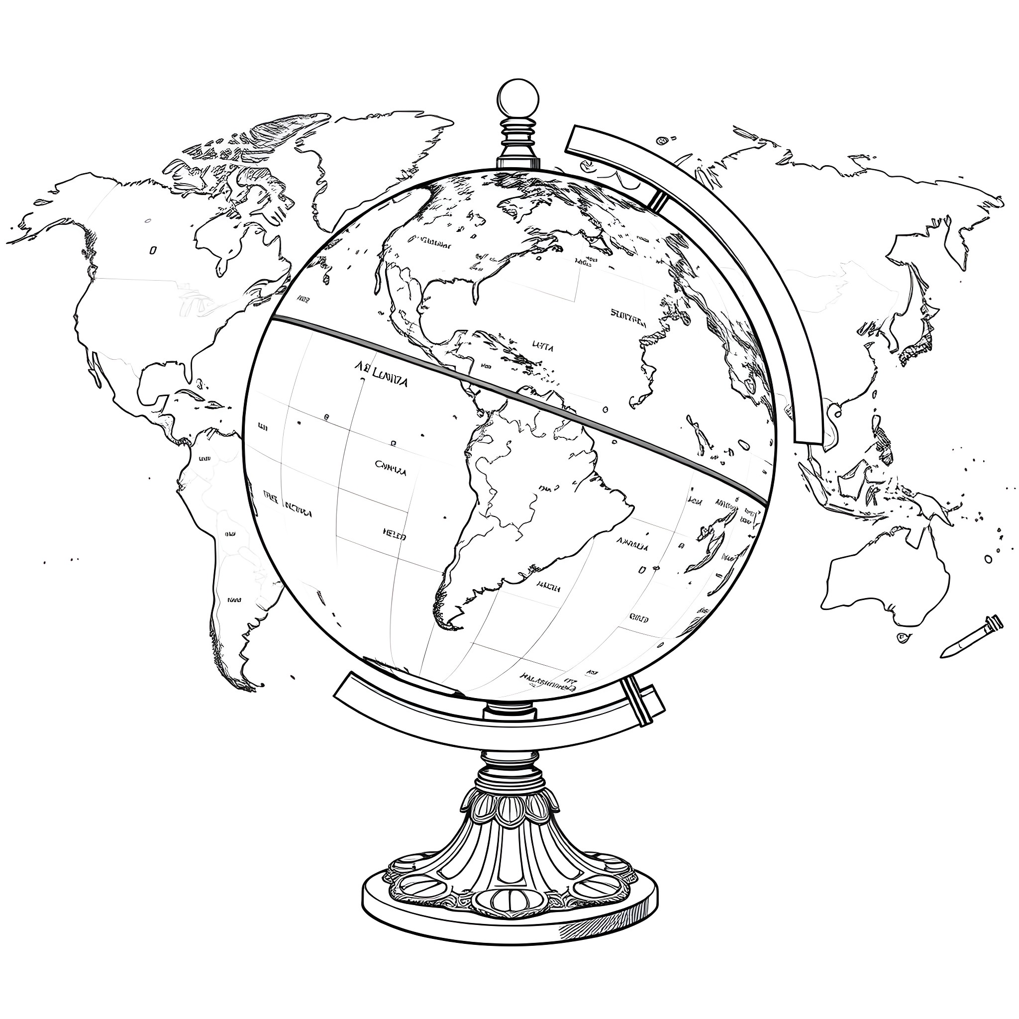 Globe with detailed world map and rotating armillary sphere Coloring Page (free black-and-white line drawing printable PDF for all, from beginners to advanced learners, including children, teens, adults, and seniors)