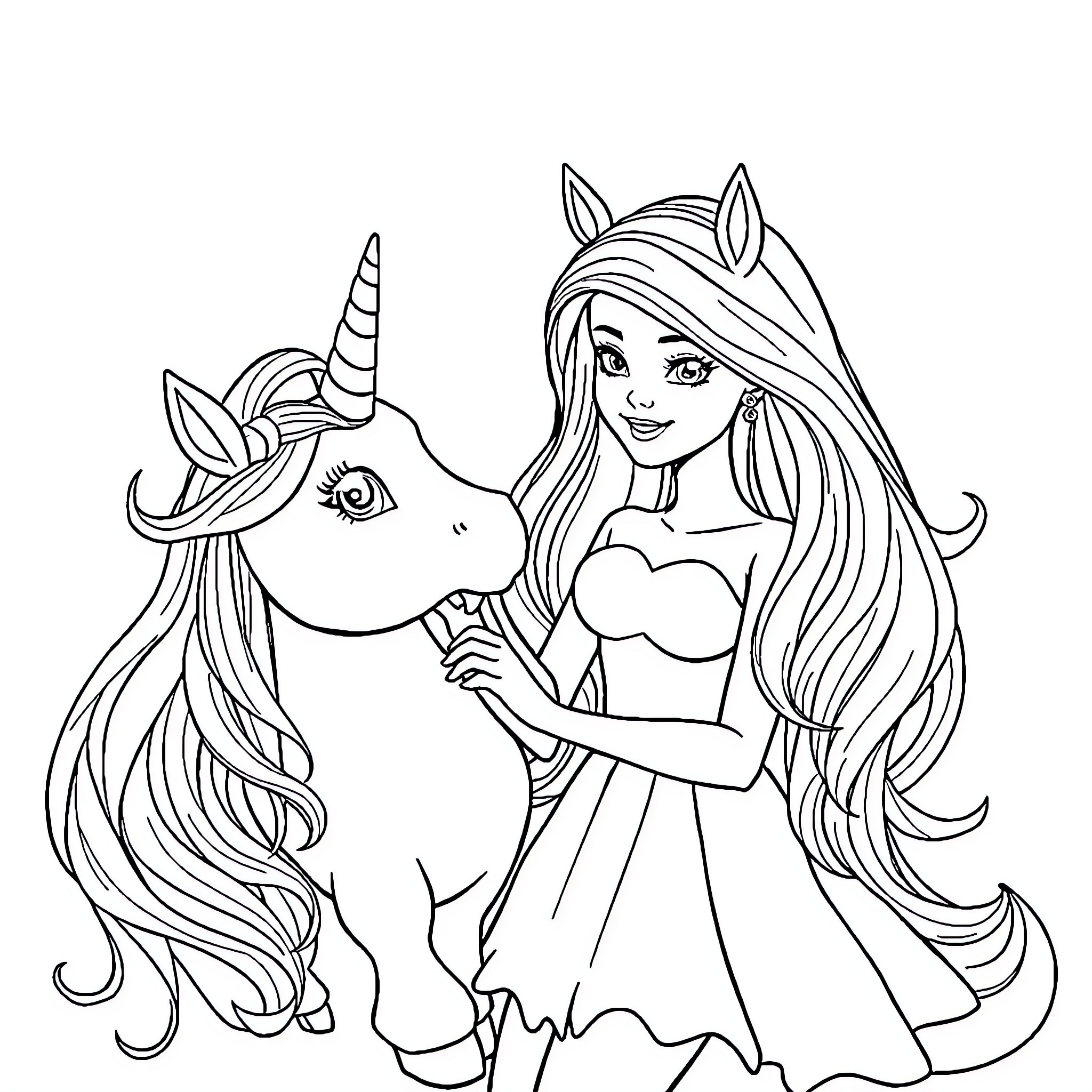 Barbie bonding with her magical unicorn companion Coloring Page (free black-and-white line drawing printable PDF for all, from beginners to advanced learners, including children, teens, adults, and seniors)
