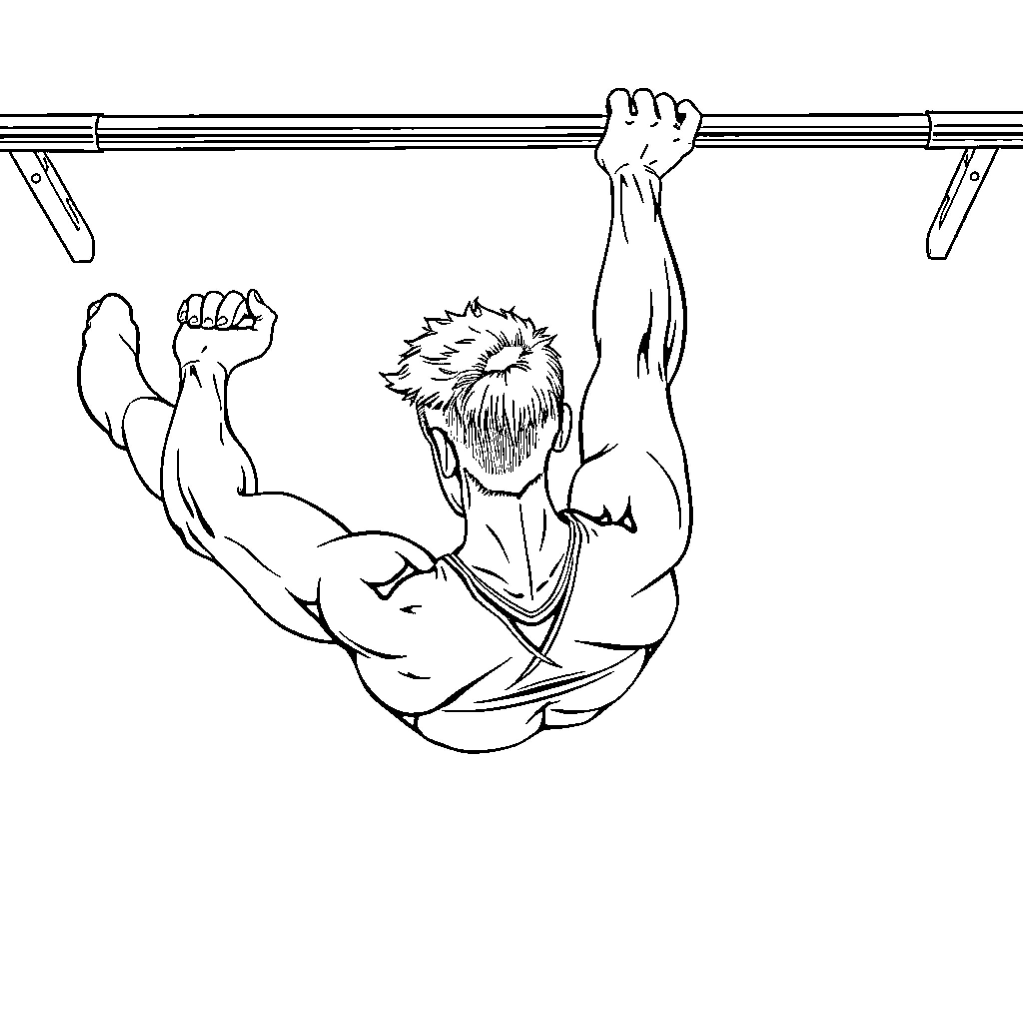 Fitness Model Performing Pull-up Exercise Coloring Page (free black-and-white line drawing printable PDF for all, from beginners to advanced learners, including children, teens, adults, and seniors)